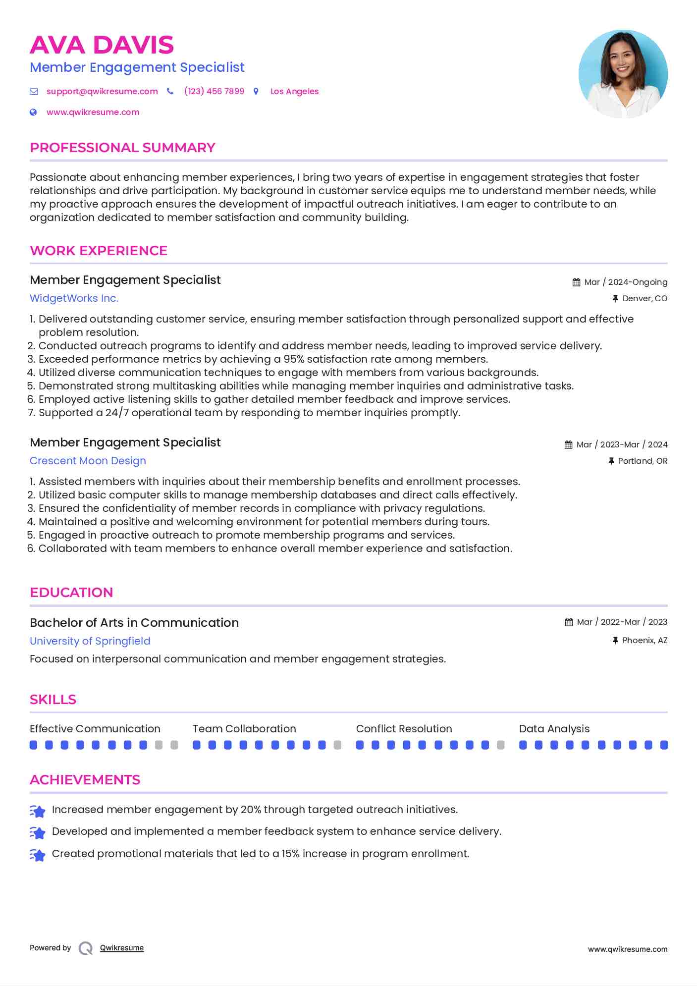 Member Engagement Specialist Resume Example