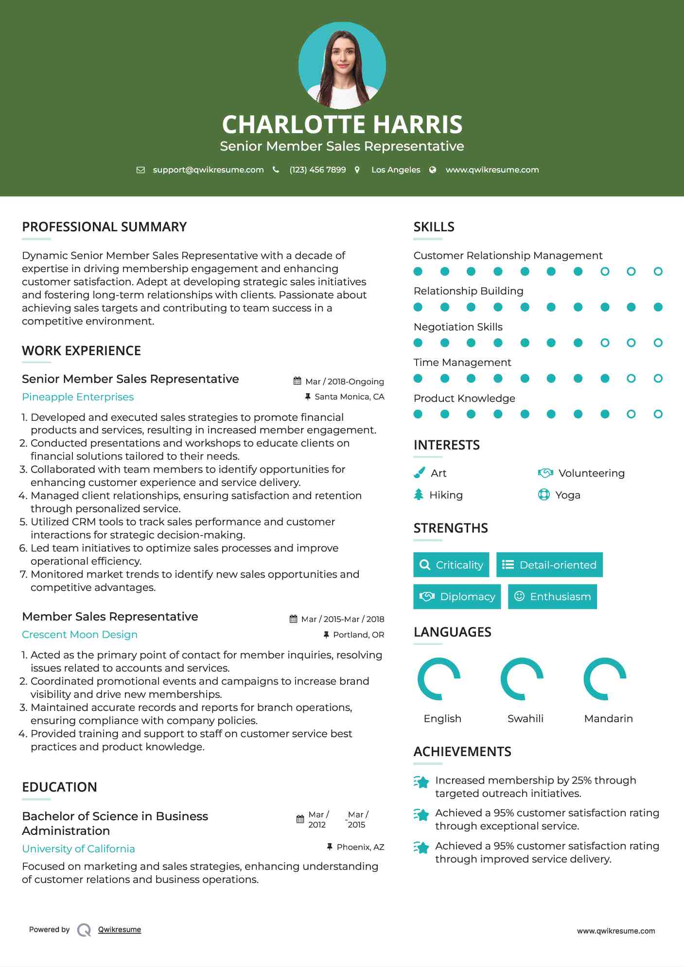 Senior Member Sales Representative Resume Format