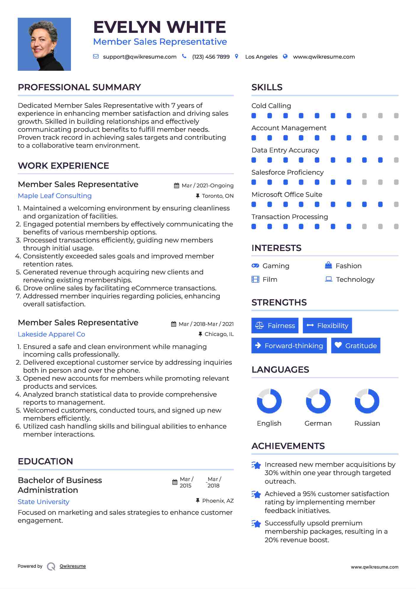 Member Sales Representative Resume Example