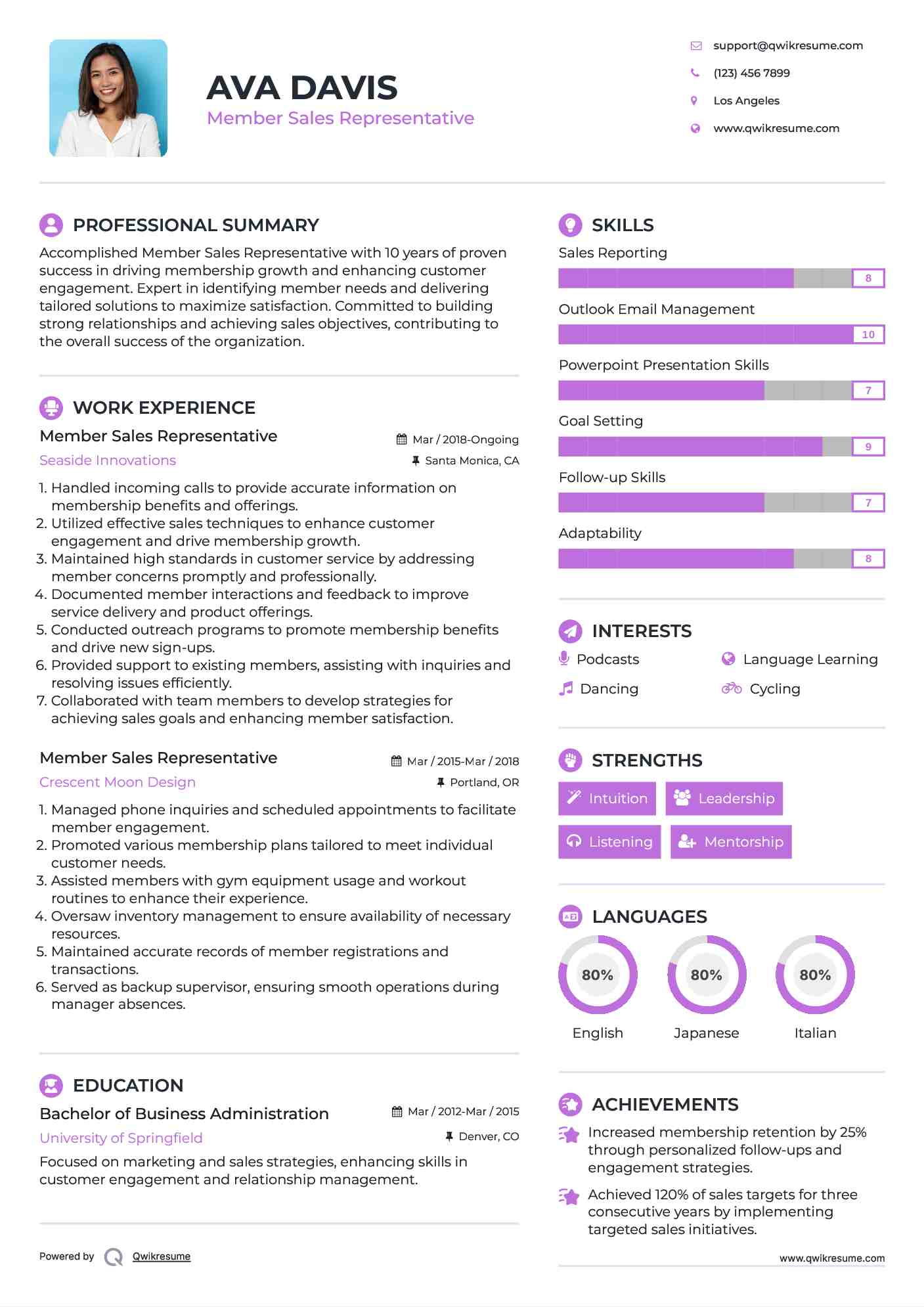 Member Sales Representative Resume Model