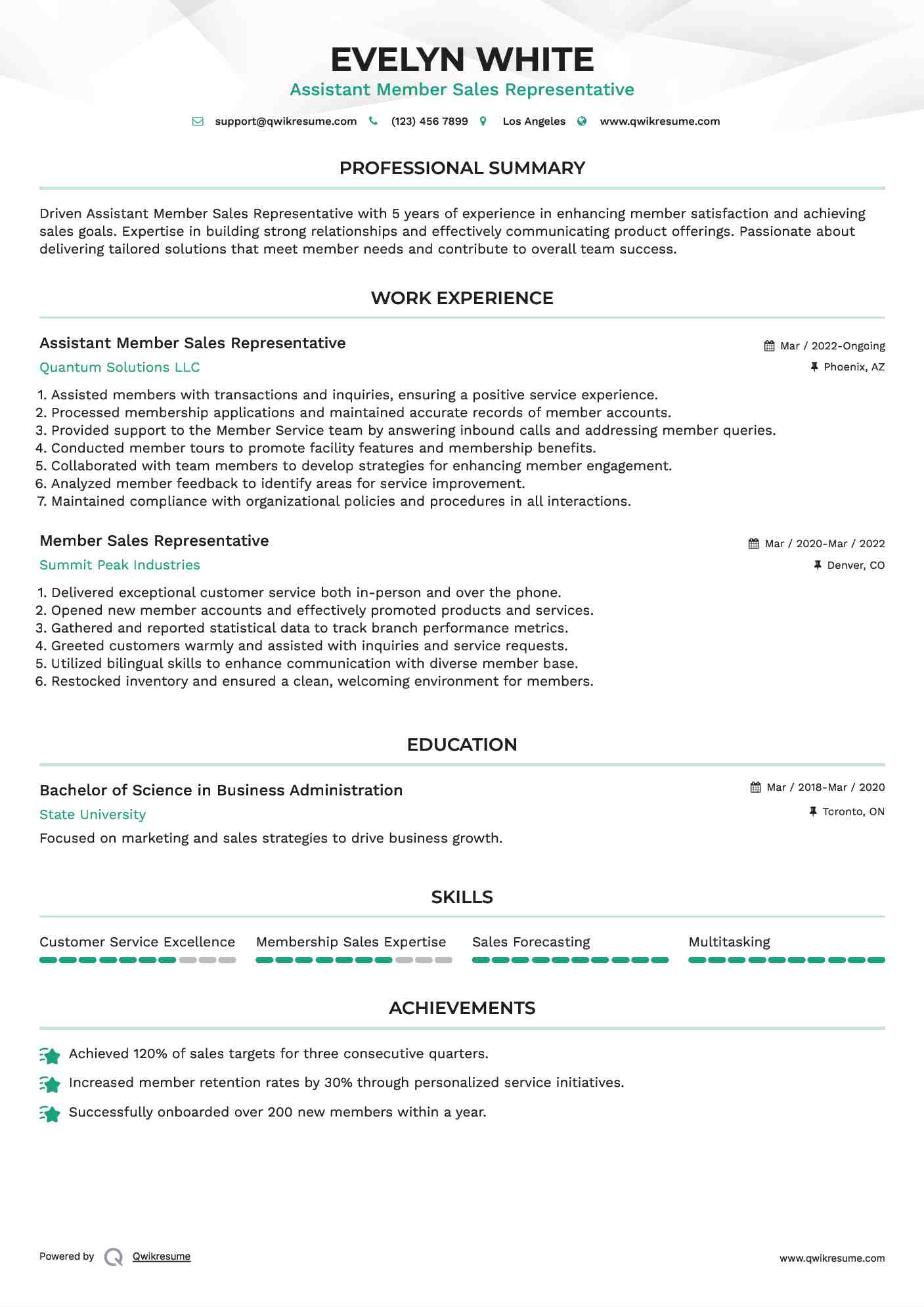 Assistant Member Sales Representative Resume Example