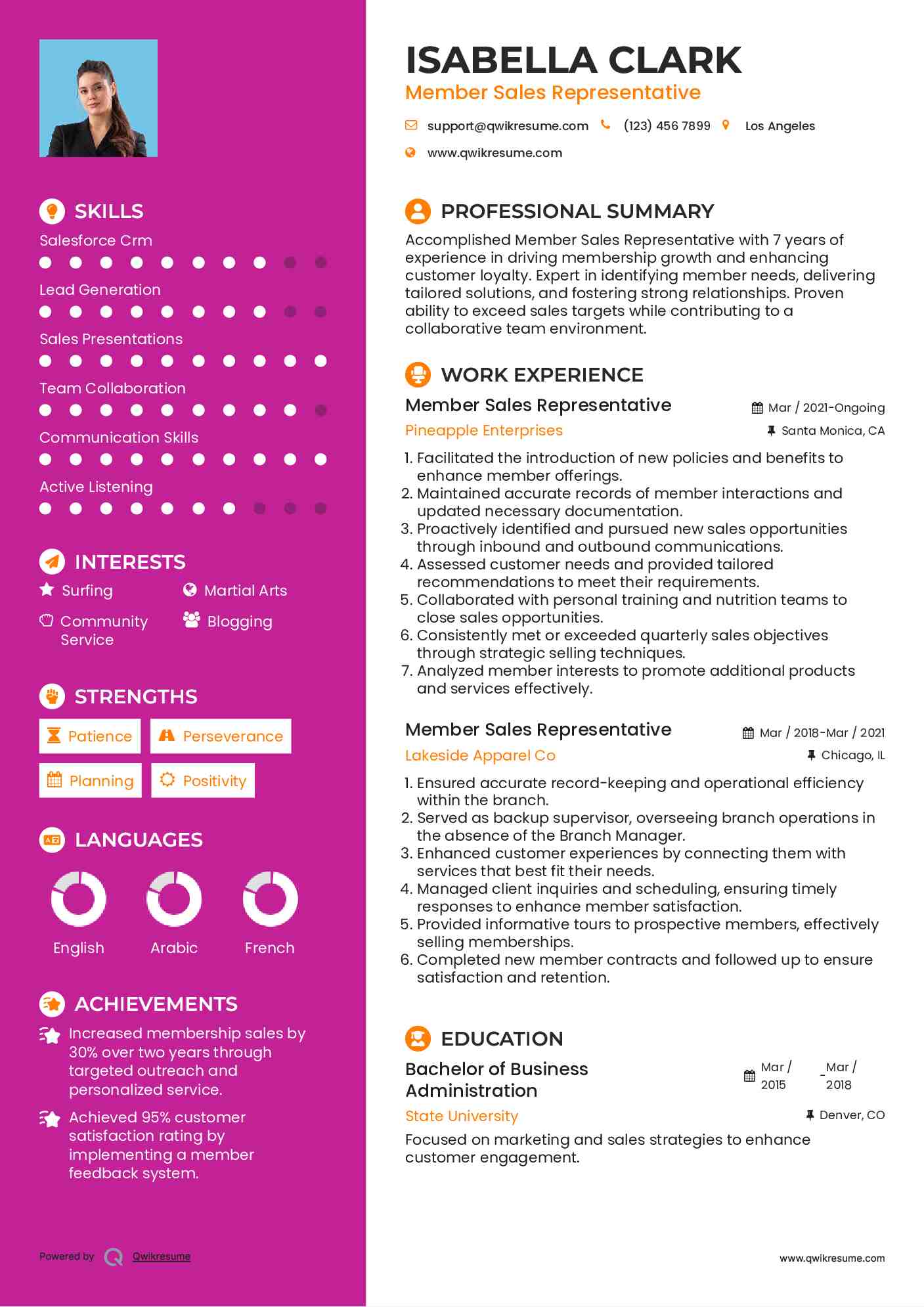 Member Sales Representative Resume Format