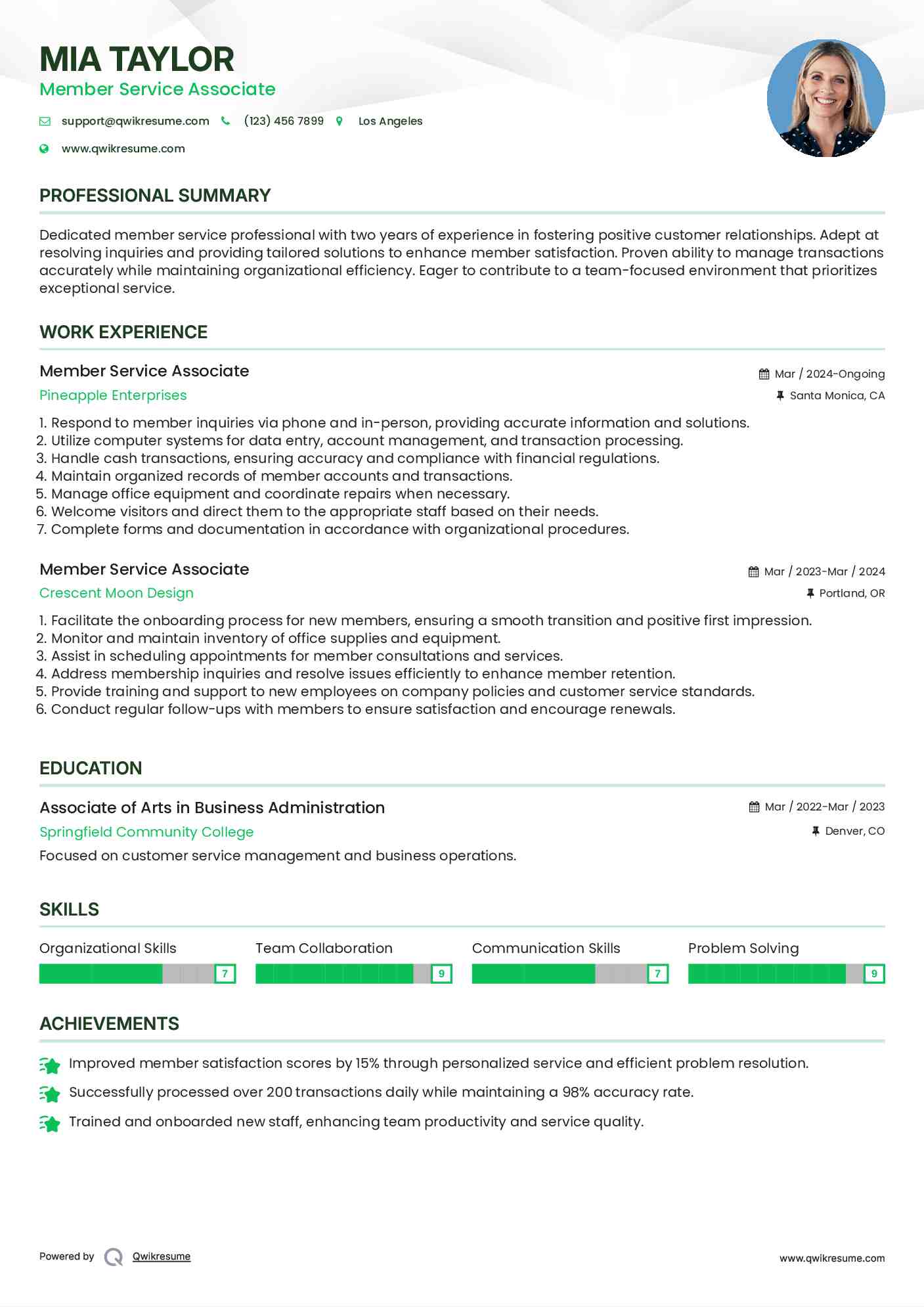Member Service Associate Resume Template