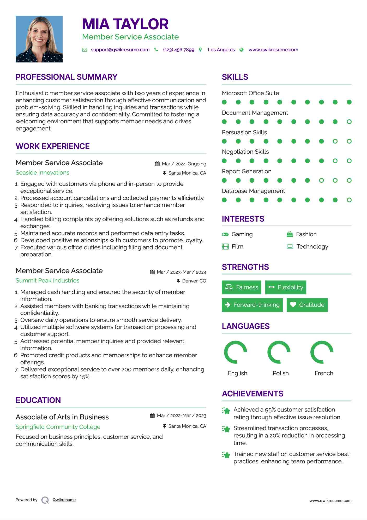 Member Service Associate Resume Format