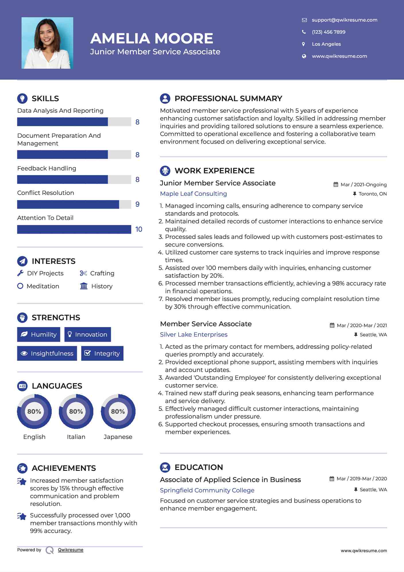 Junior Member Service Associate Resume Sample