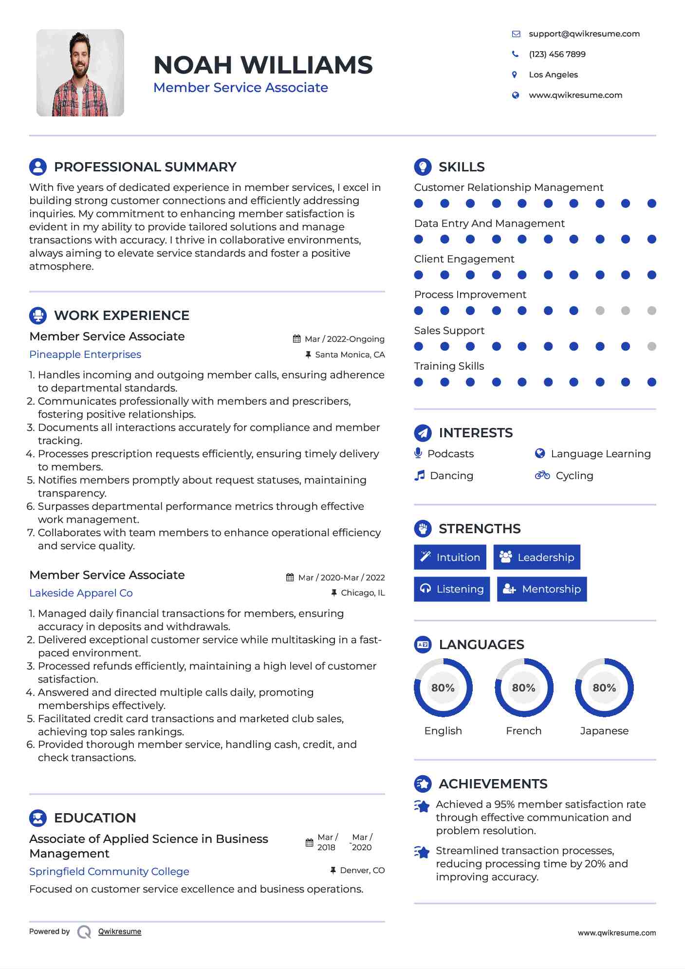 Member Service Associate Resume Model