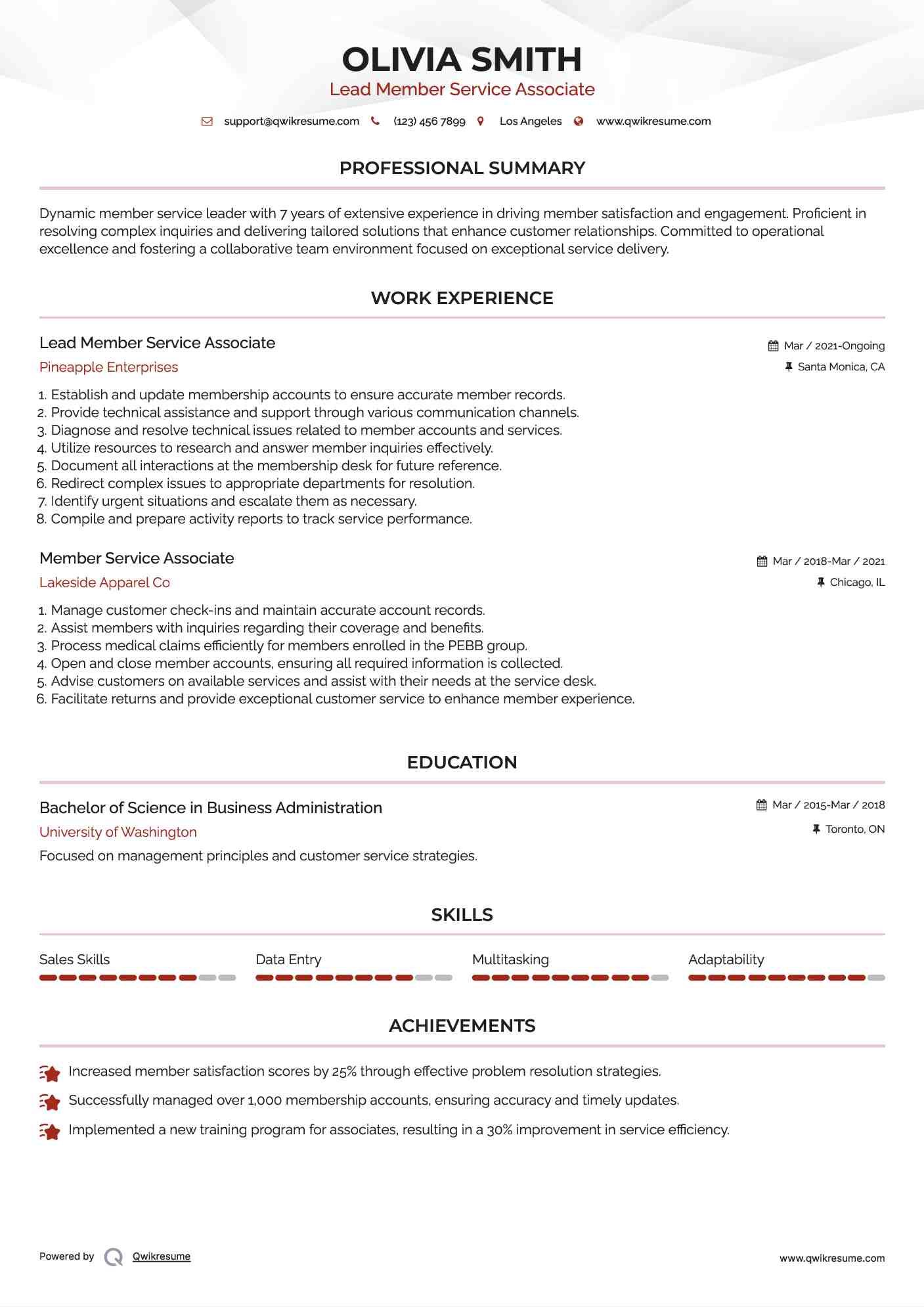 Lead Member Service Associate Resume Format