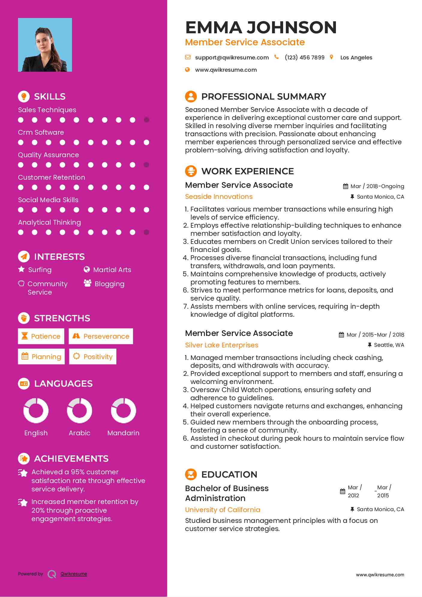 Member Service Associate Resume Sample