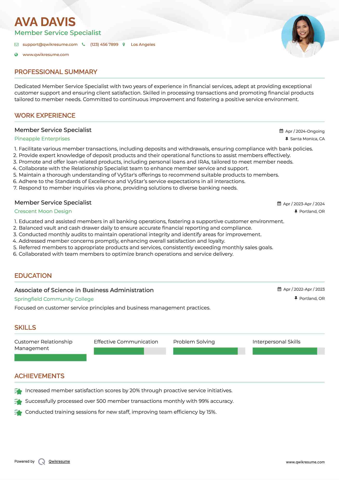Member Service Specialist Resume Example