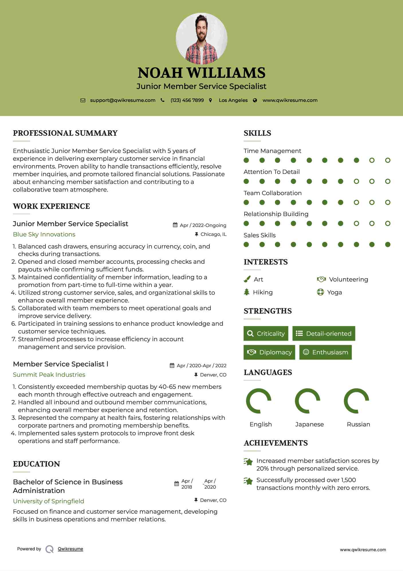 Junior Member Service Specialist Resume Format