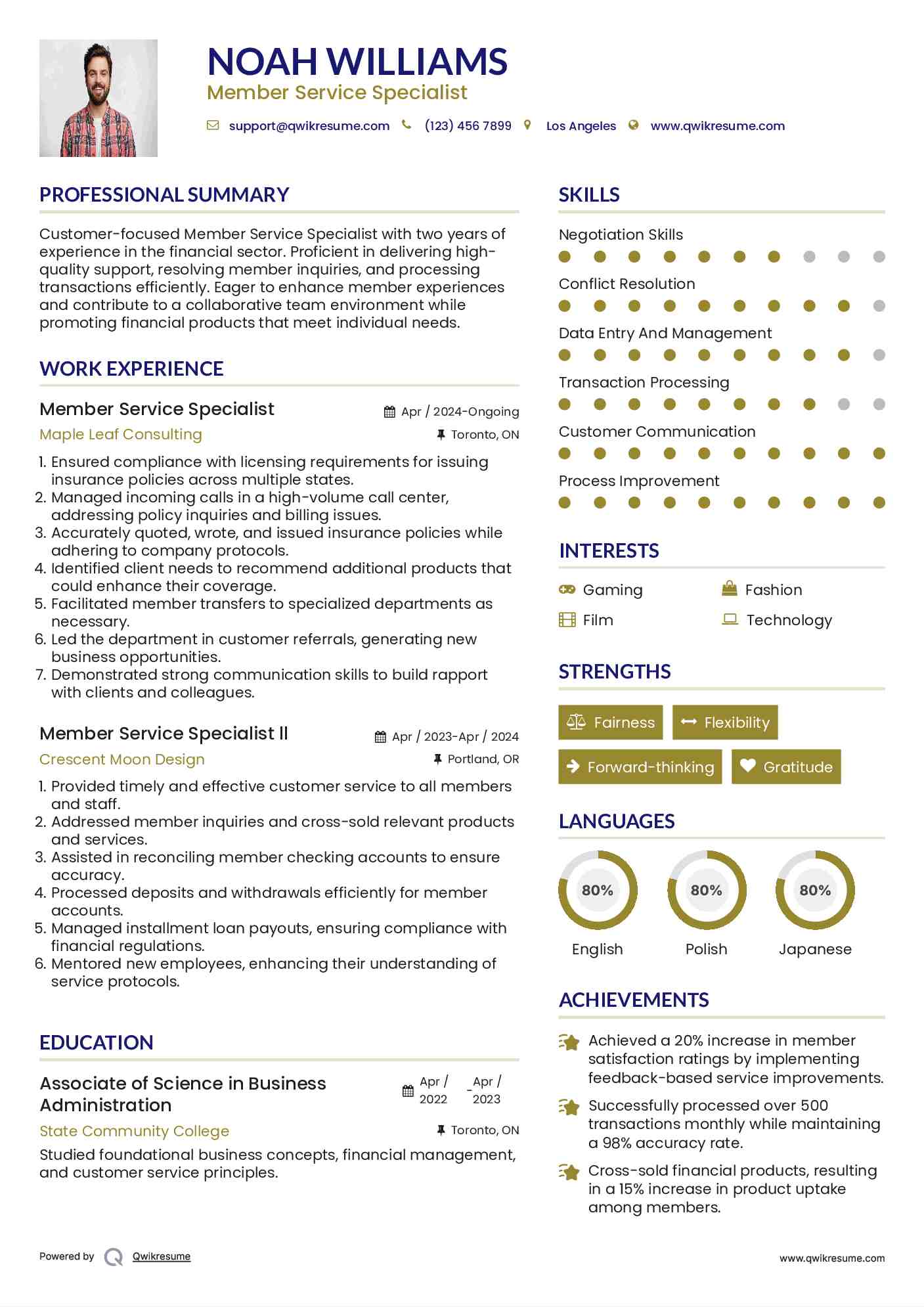 Member Service Specialist Resume Example