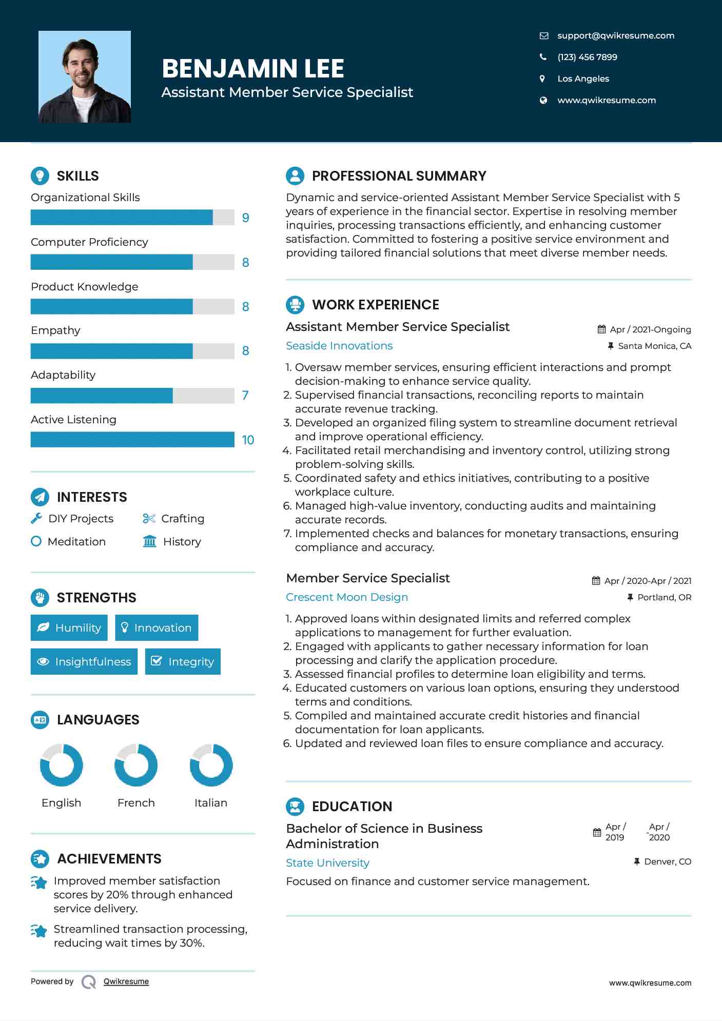 Assistant Member Service Specialist Resume Model