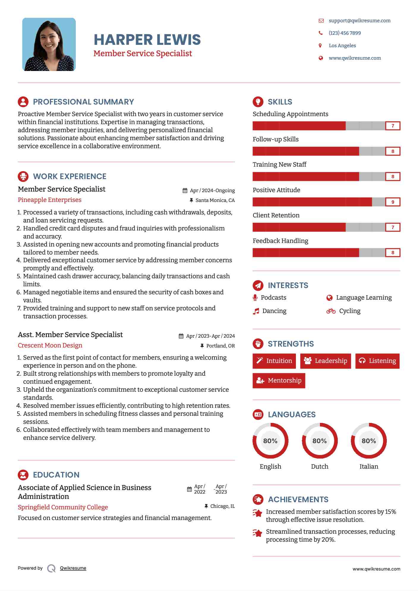 Member Service Specialist Resume Model