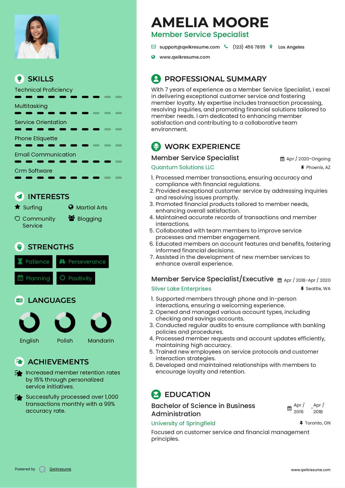 Member Service Specialist Resume Model