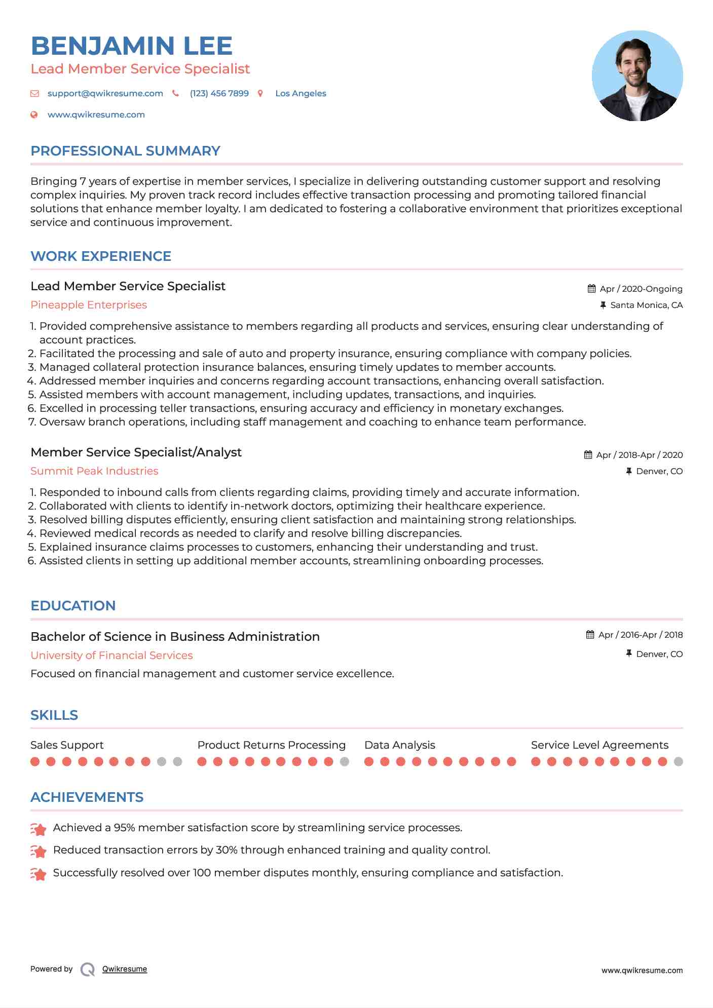 Lead Member Service Specialist Resume Example