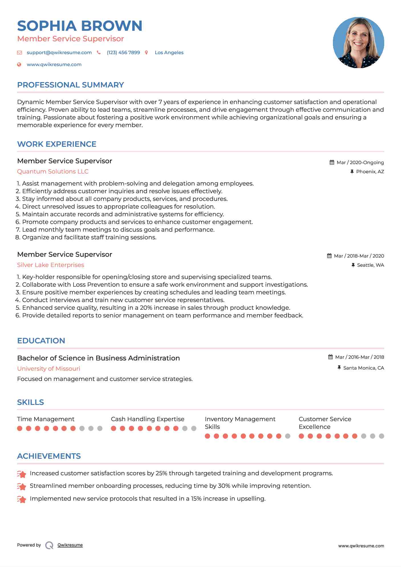 Member Service Supervisor Resume Model
