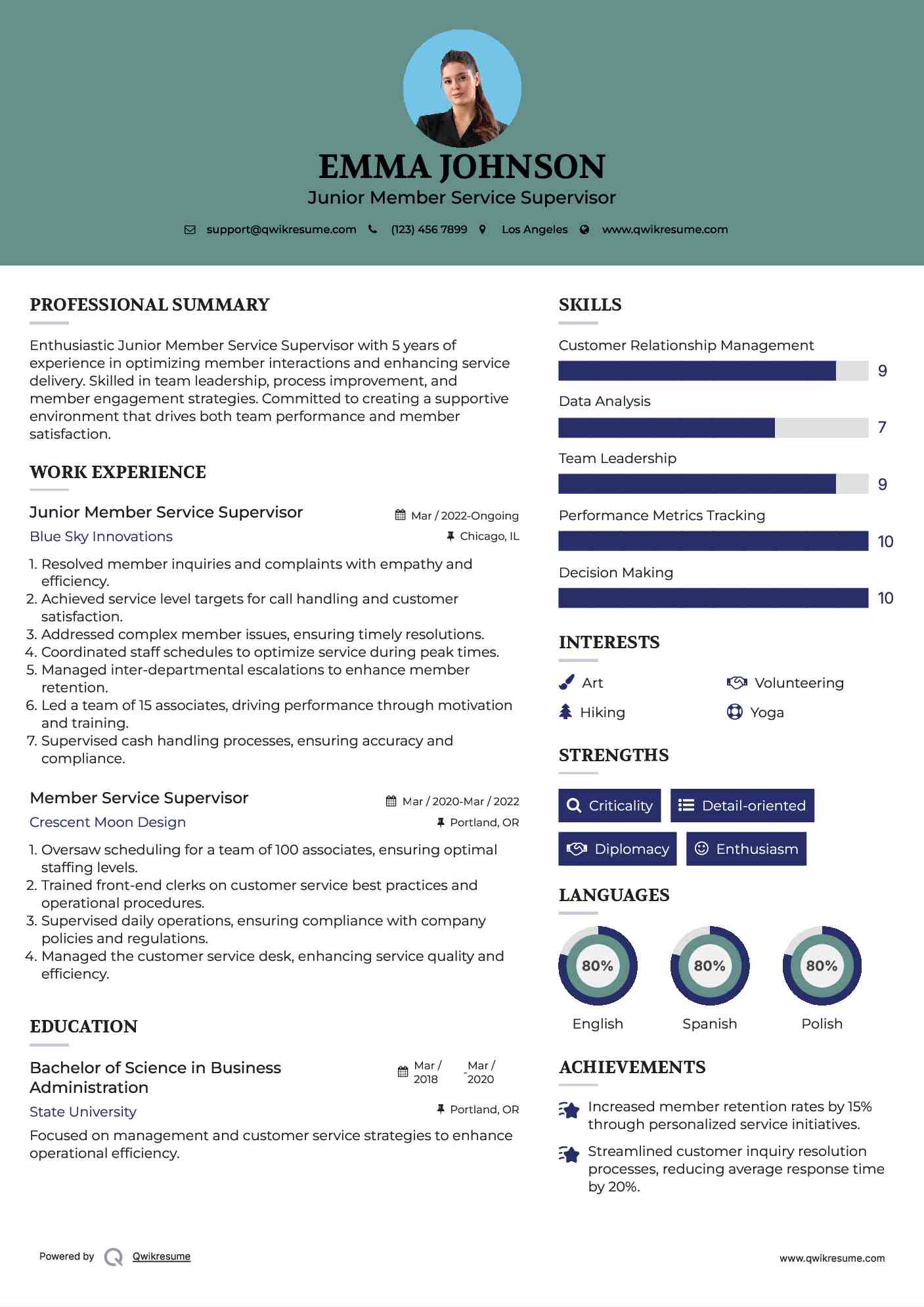 Junior Member Service Supervisor Resume Example