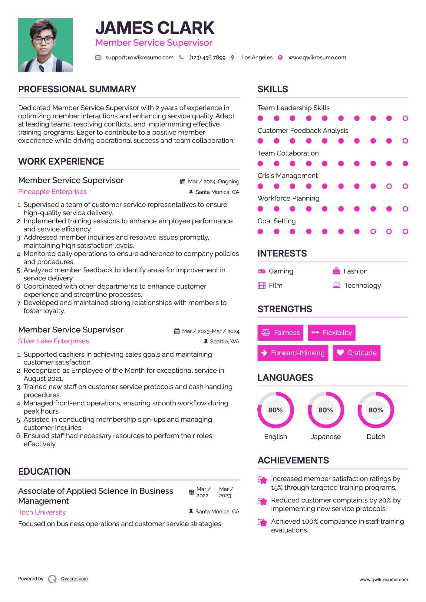 Member Service Supervisor Resume Example