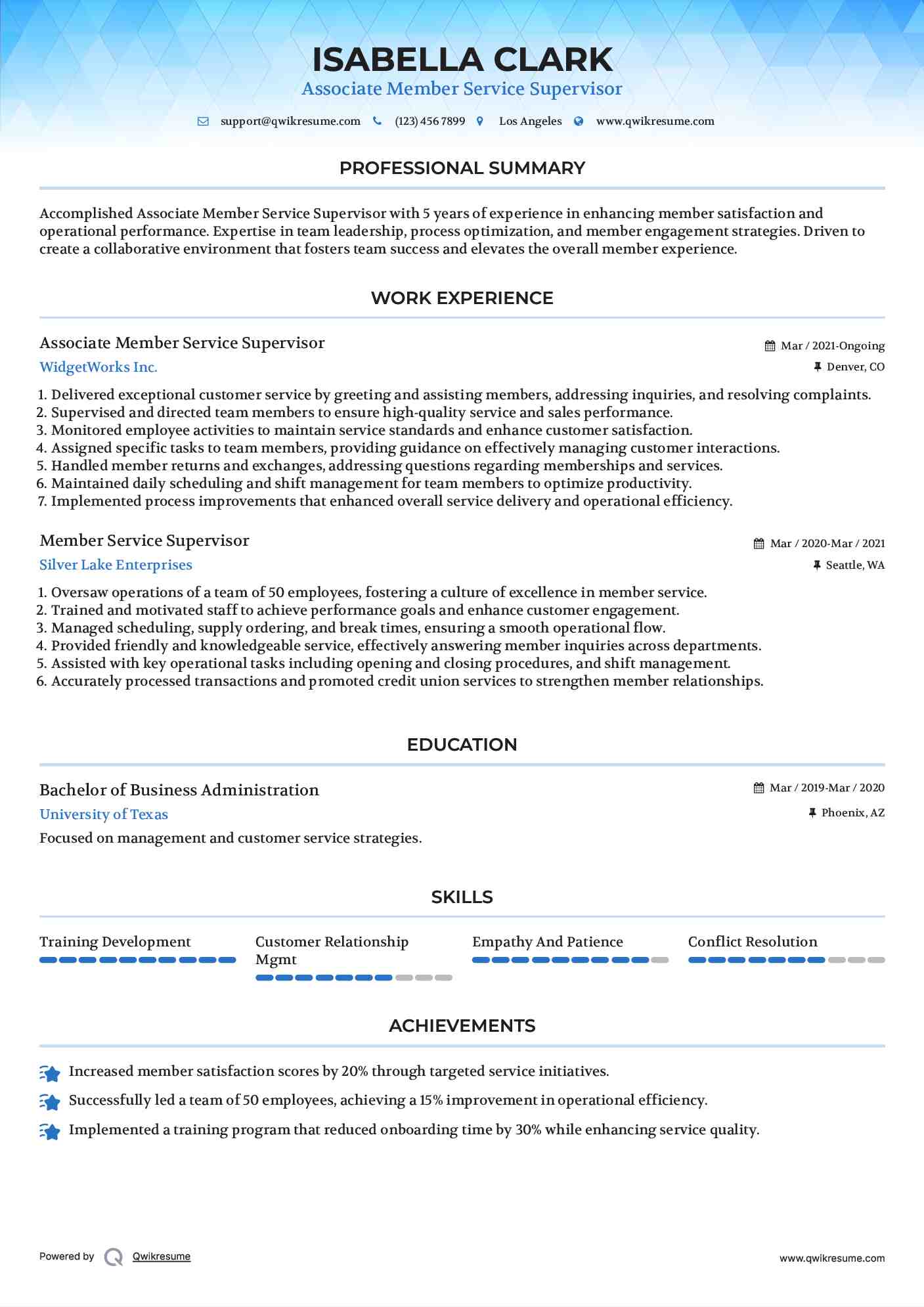 Associate Member Service Supervisor Resume Example