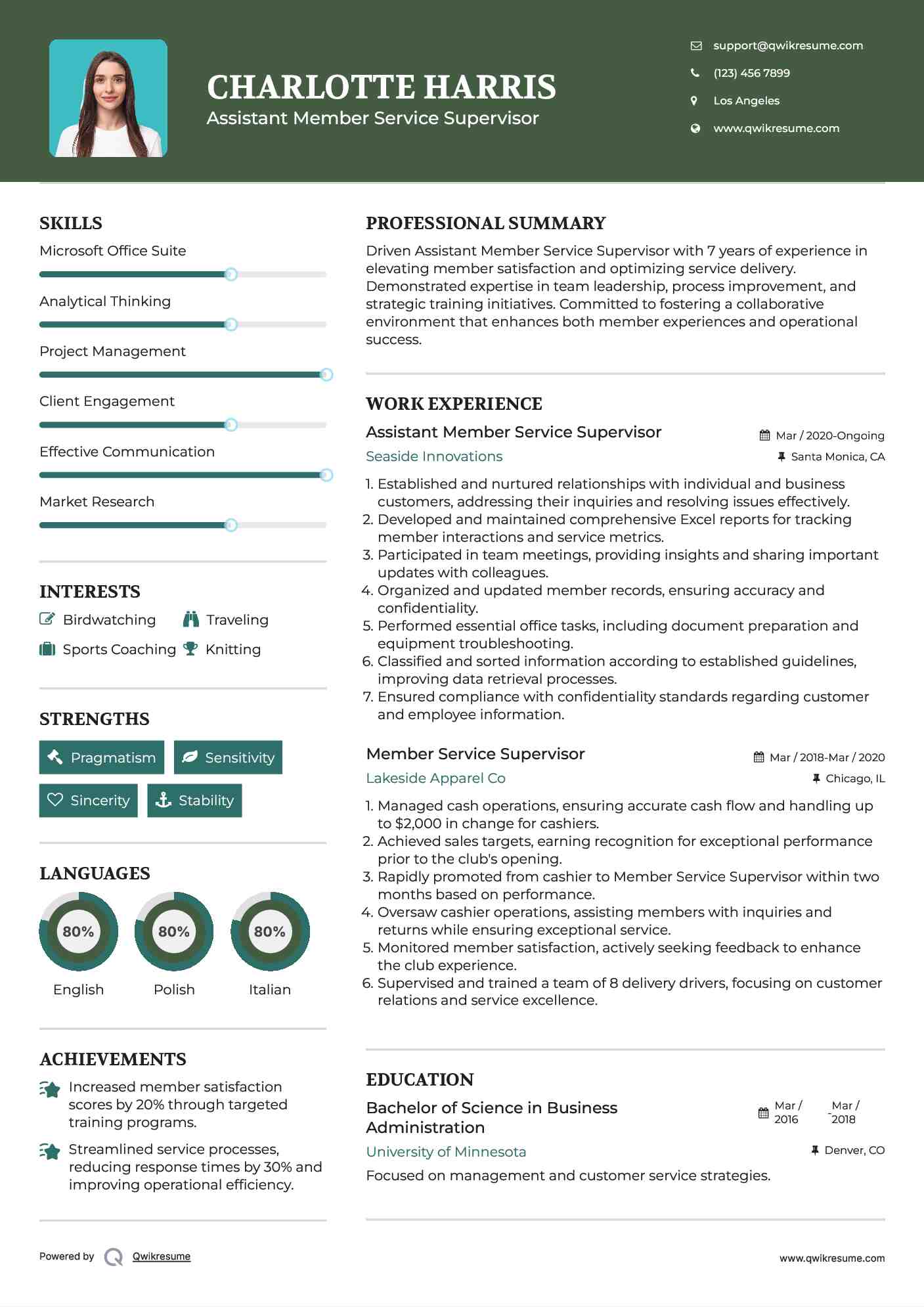 Assistant Member Service Supervisor Resume Template
