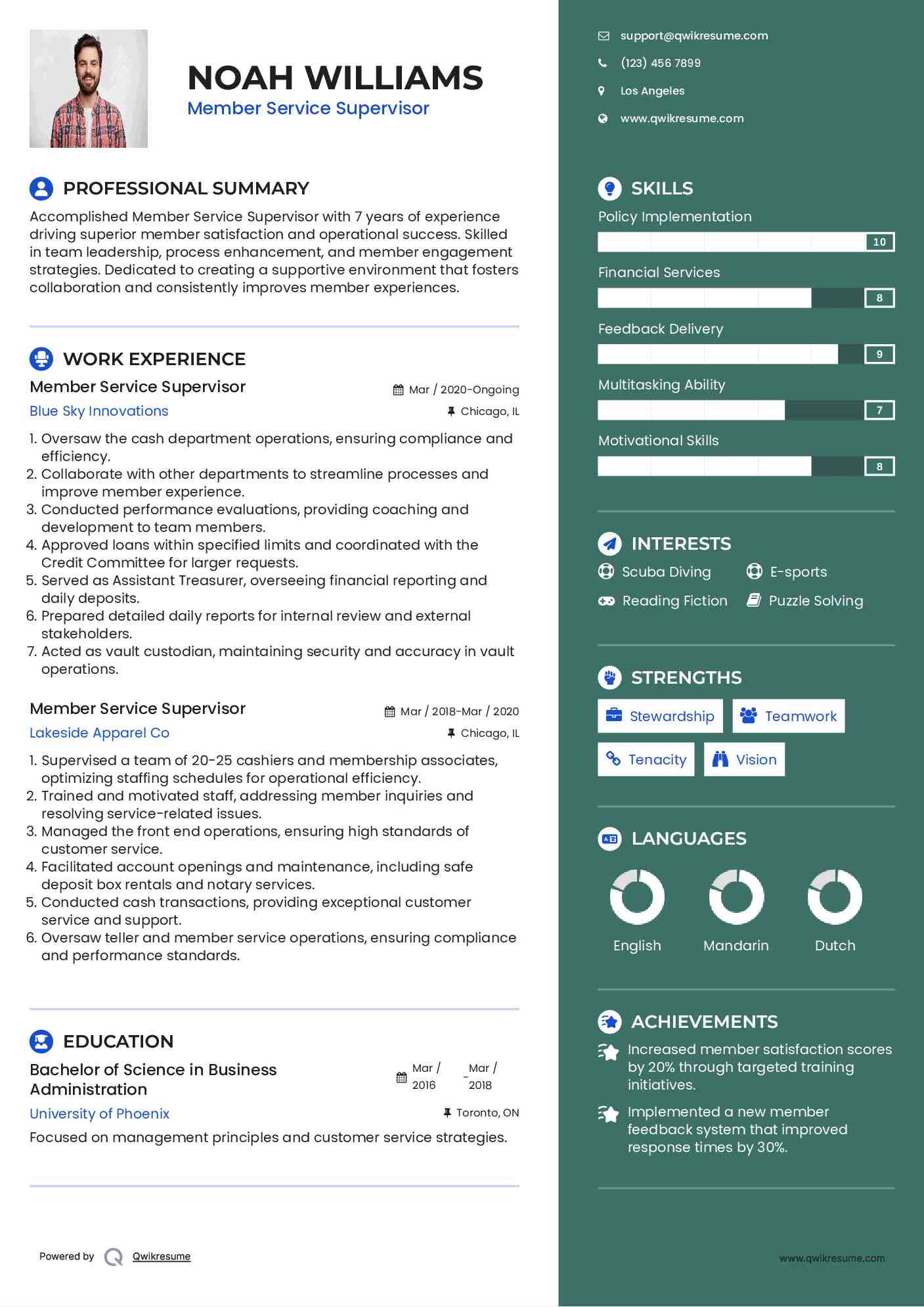 Member Service Supervisor Resume Sample