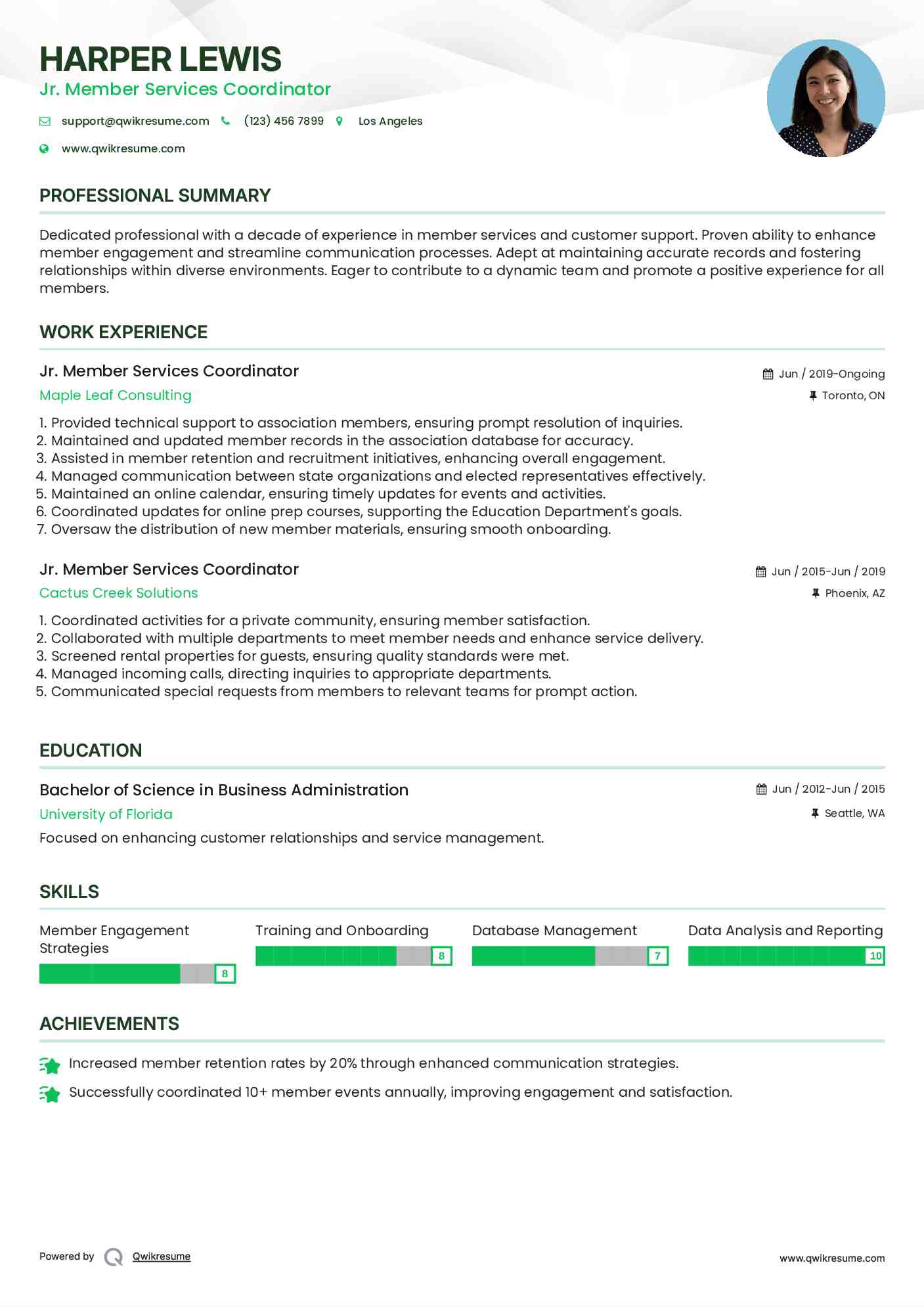 Jr. Member Services Coordinator Resume Model