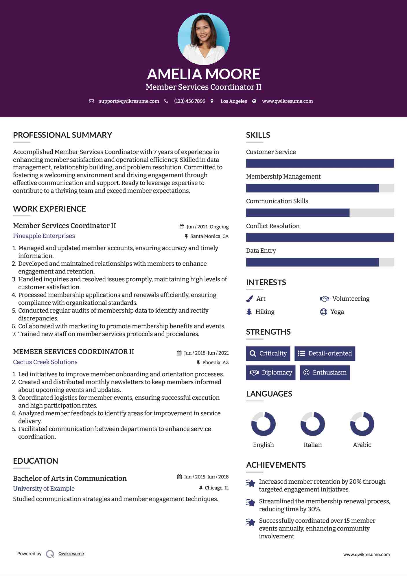 Member Services Coordinator II Resume Format