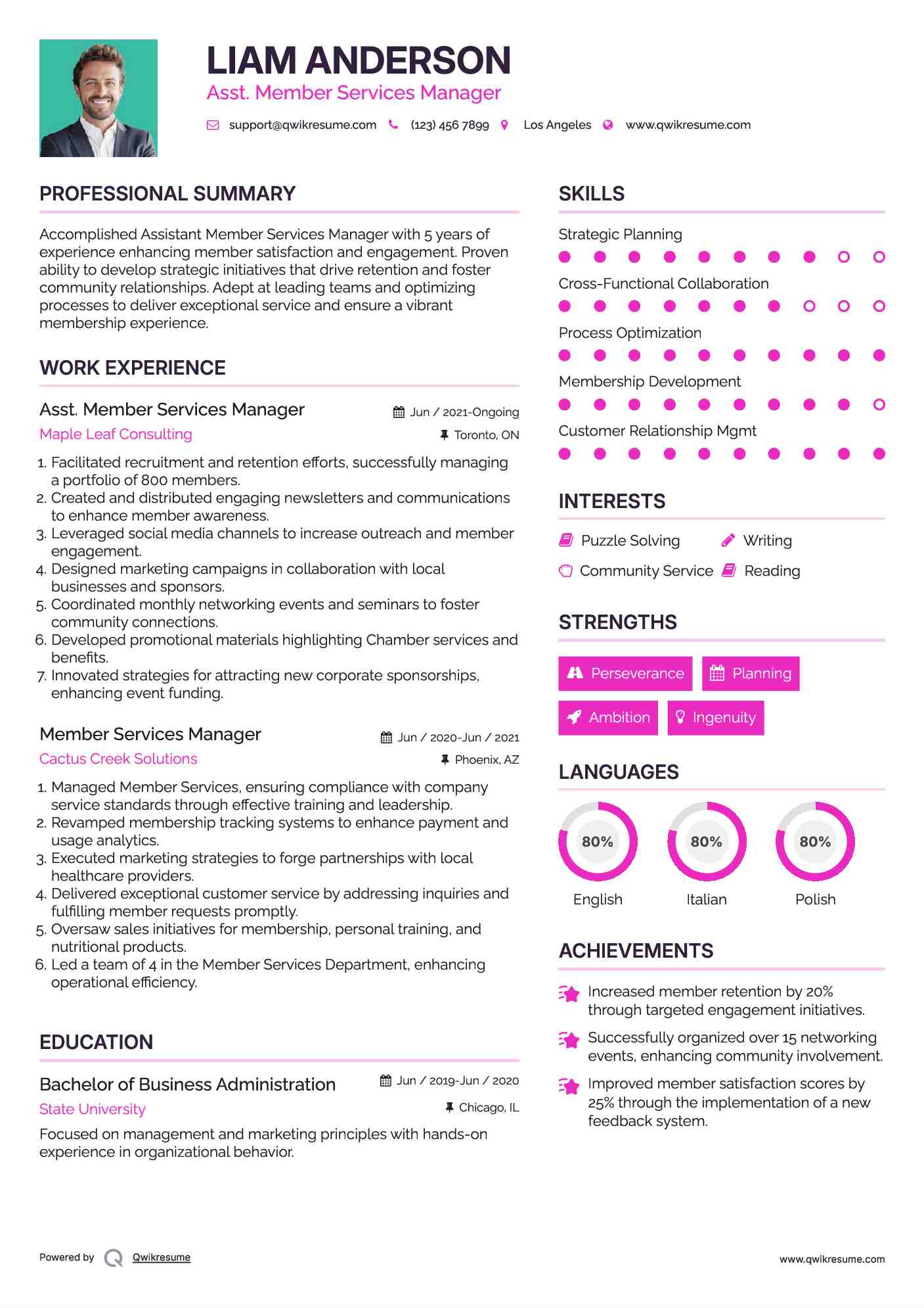Asst. Member Services Manager Resume Template