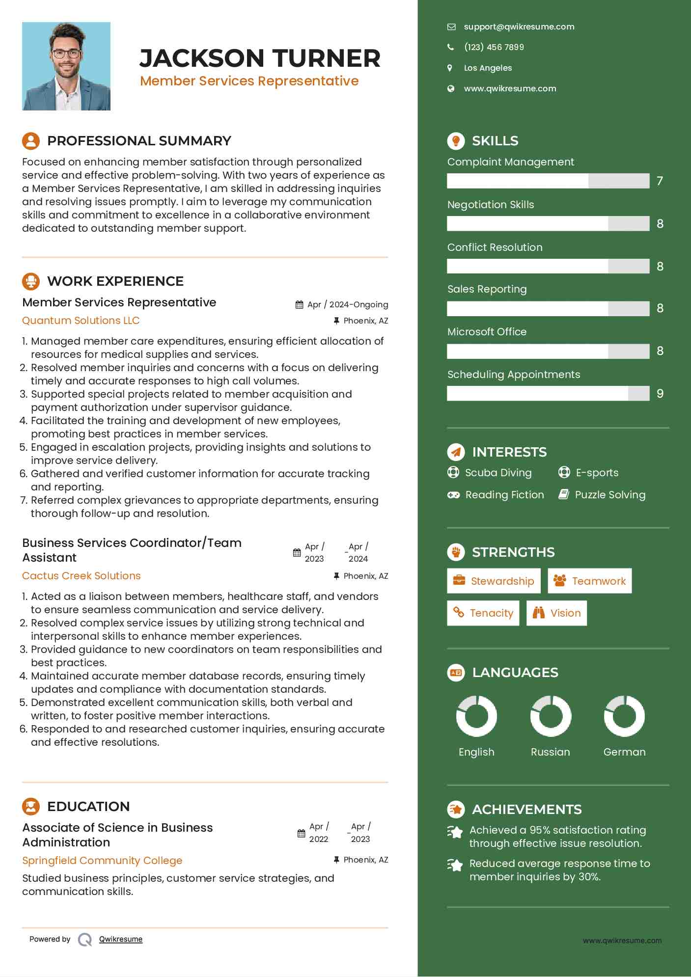 Member Services Representative Resume Model