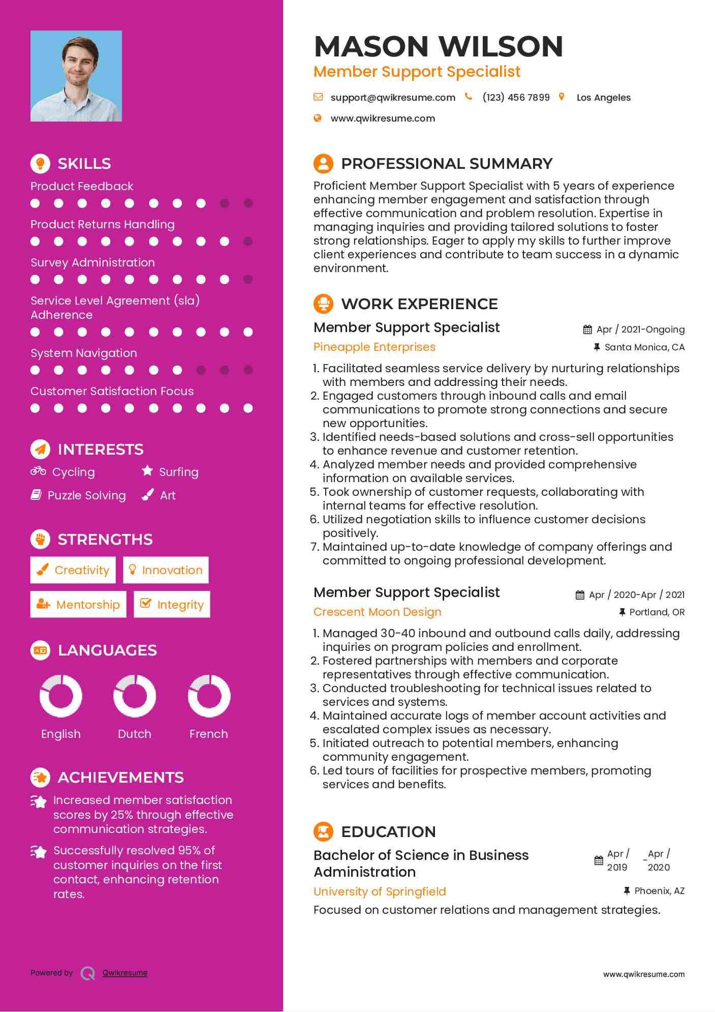 Member Support Specialist Resume Model