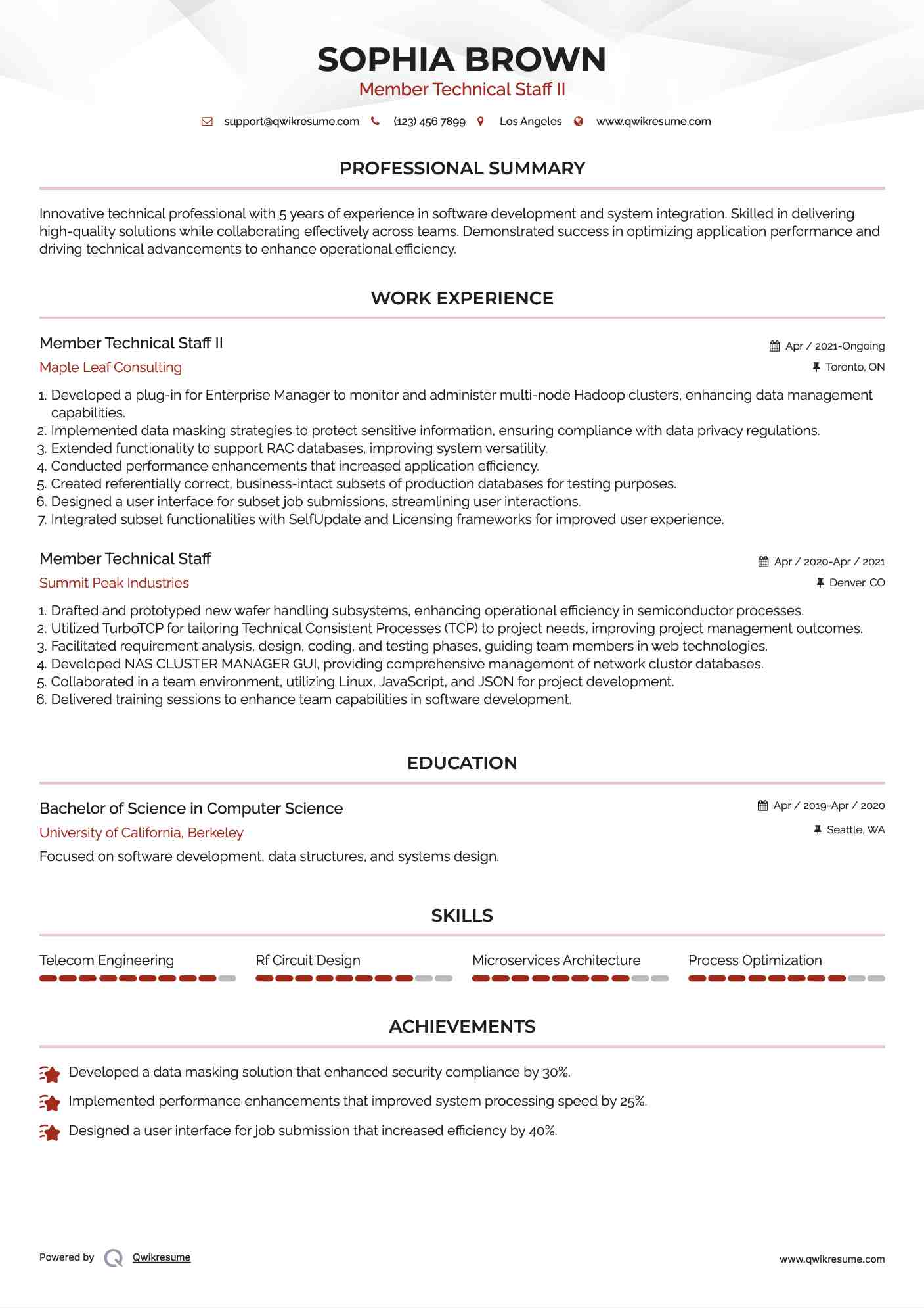 Member Technical Staff II Resume Example