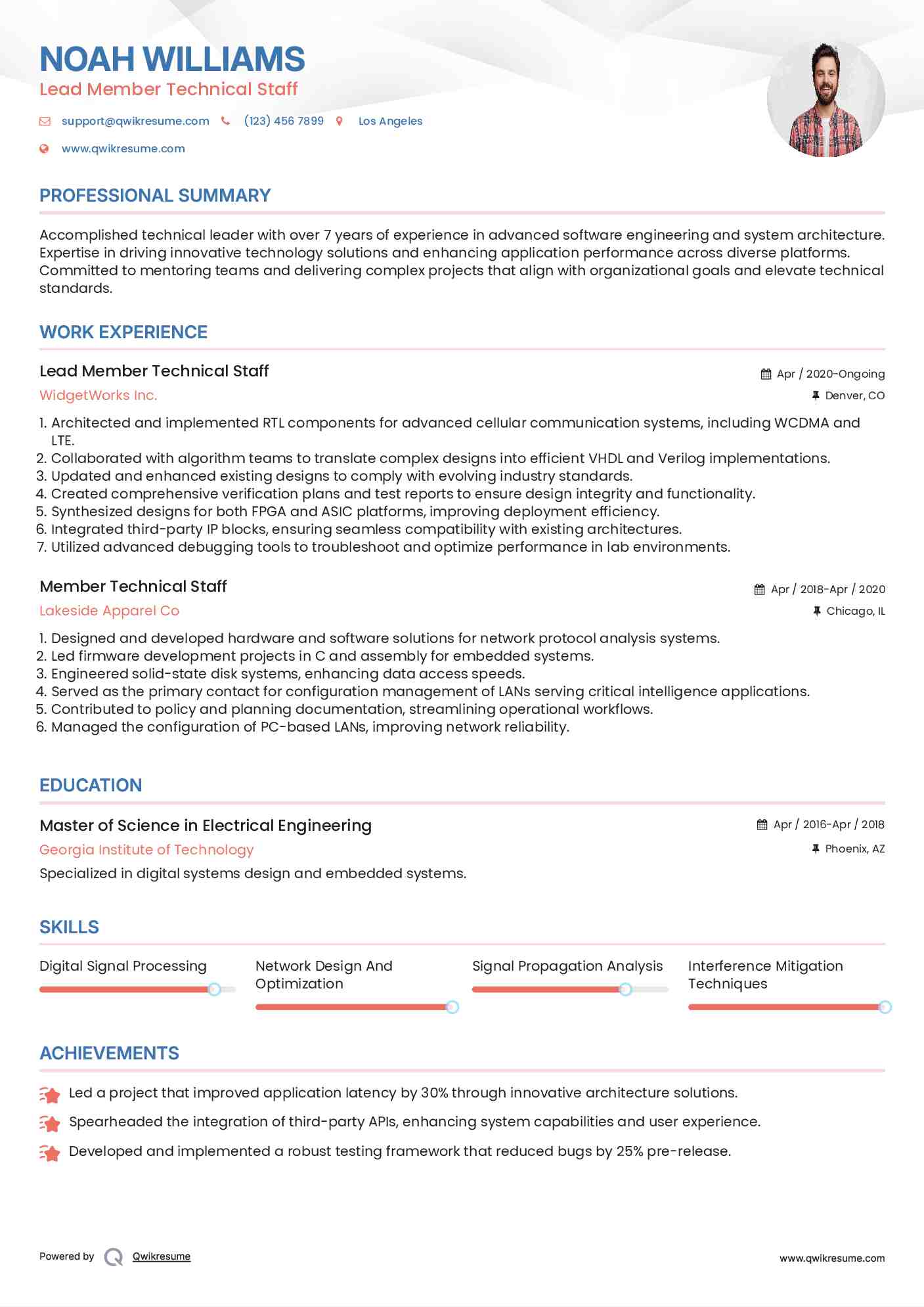 Lead Member Technical Staff Resume Sample