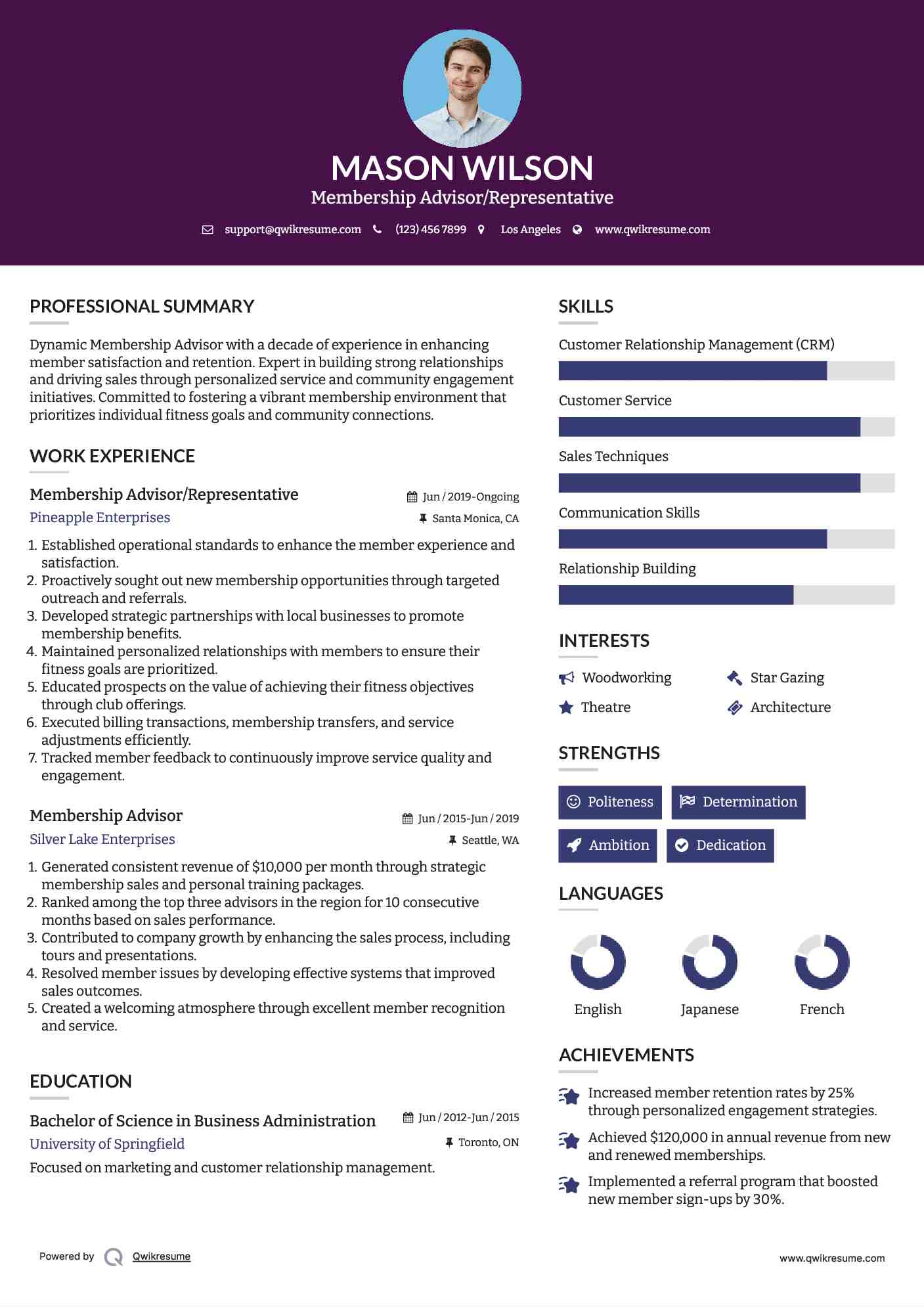 Membership Advisor/Representative Resume Model
