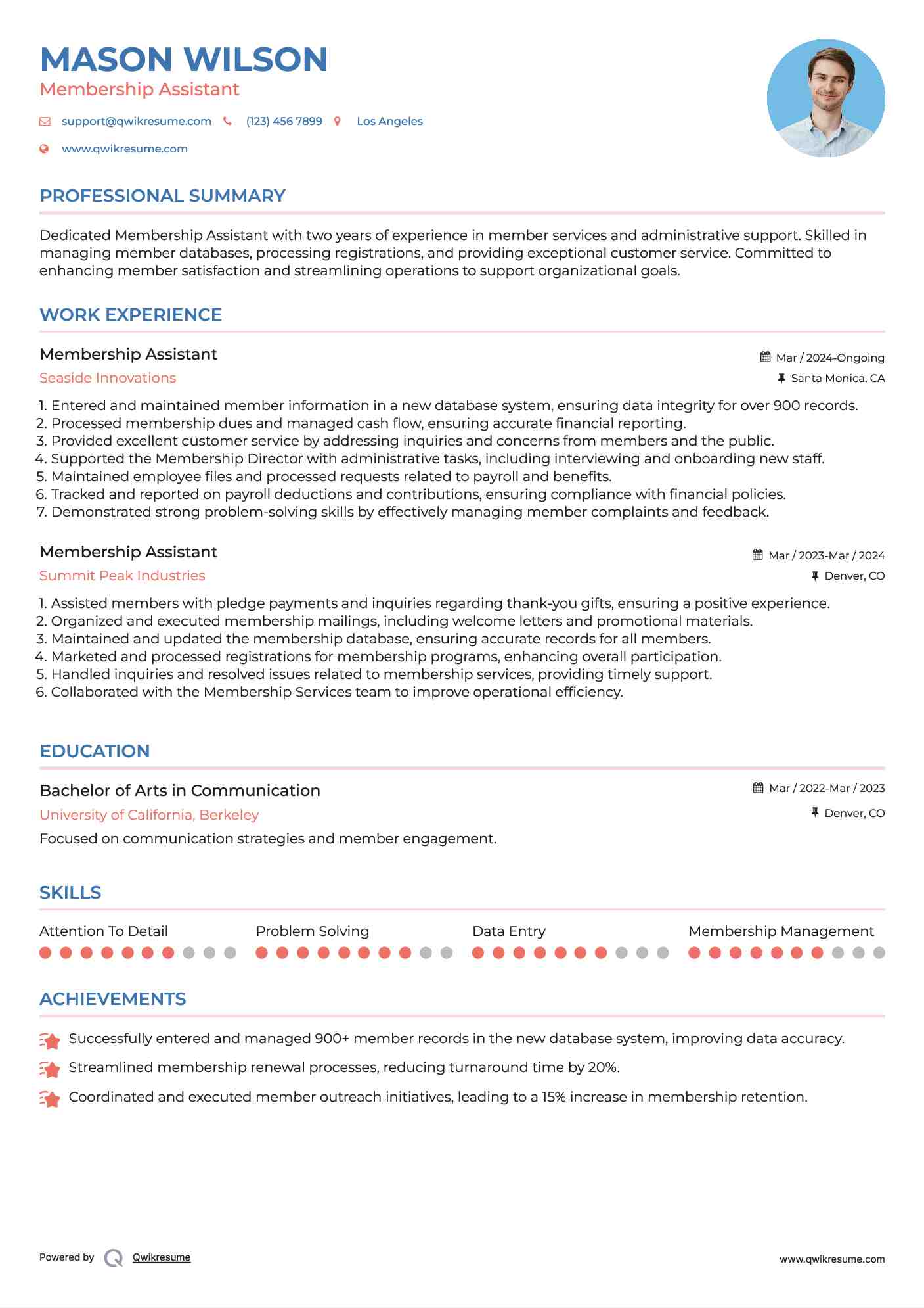 Membership Assistant Resume Example