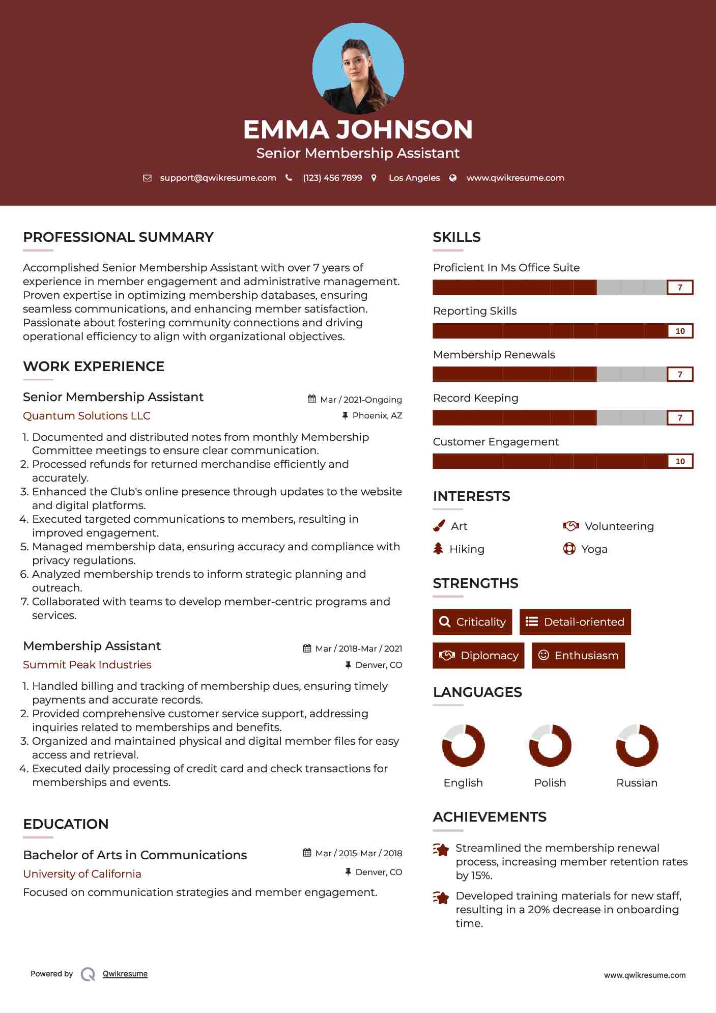 Senior Membership Assistant Resume Example