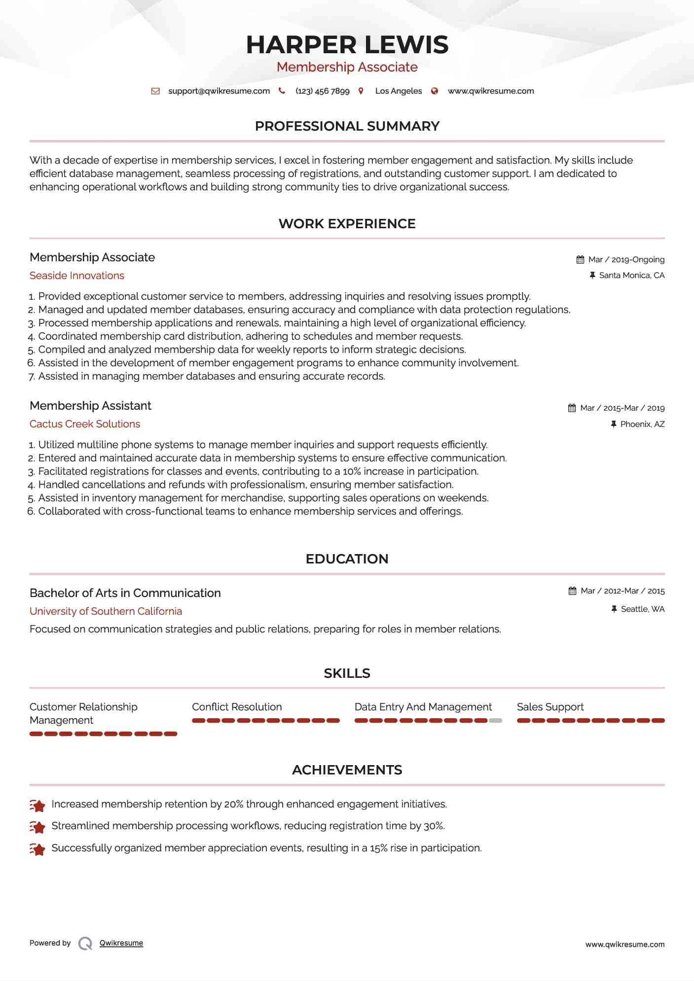 Membership Associate
 Resume Model