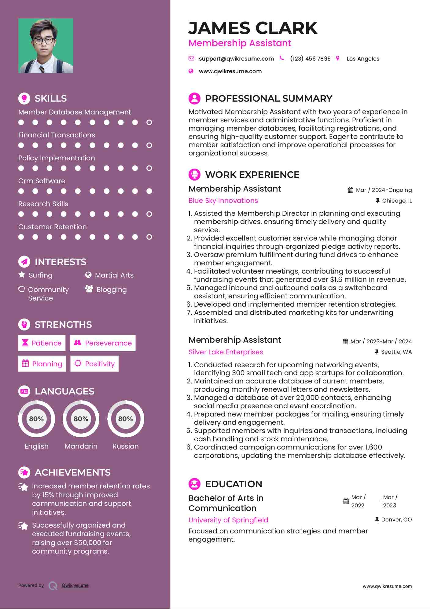 Membership Assistant Resume Sample