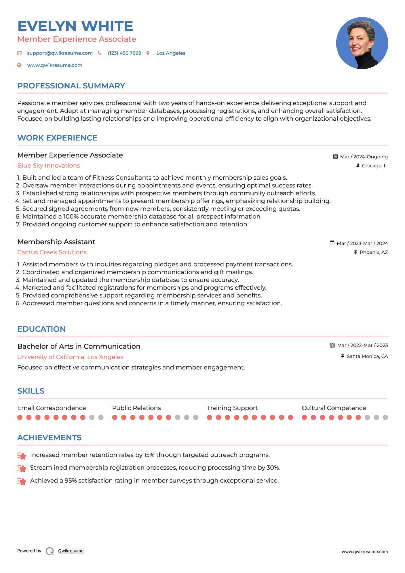 Member Experience Associate
 Resume Example