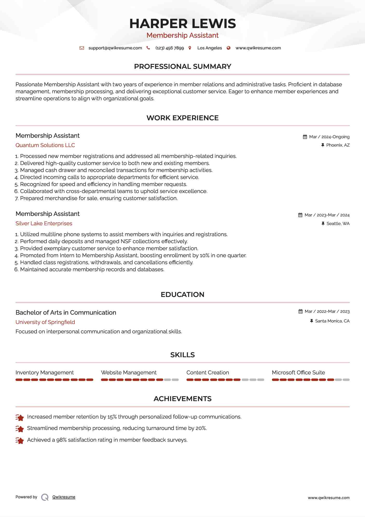 Membership Assistant Resume Sample