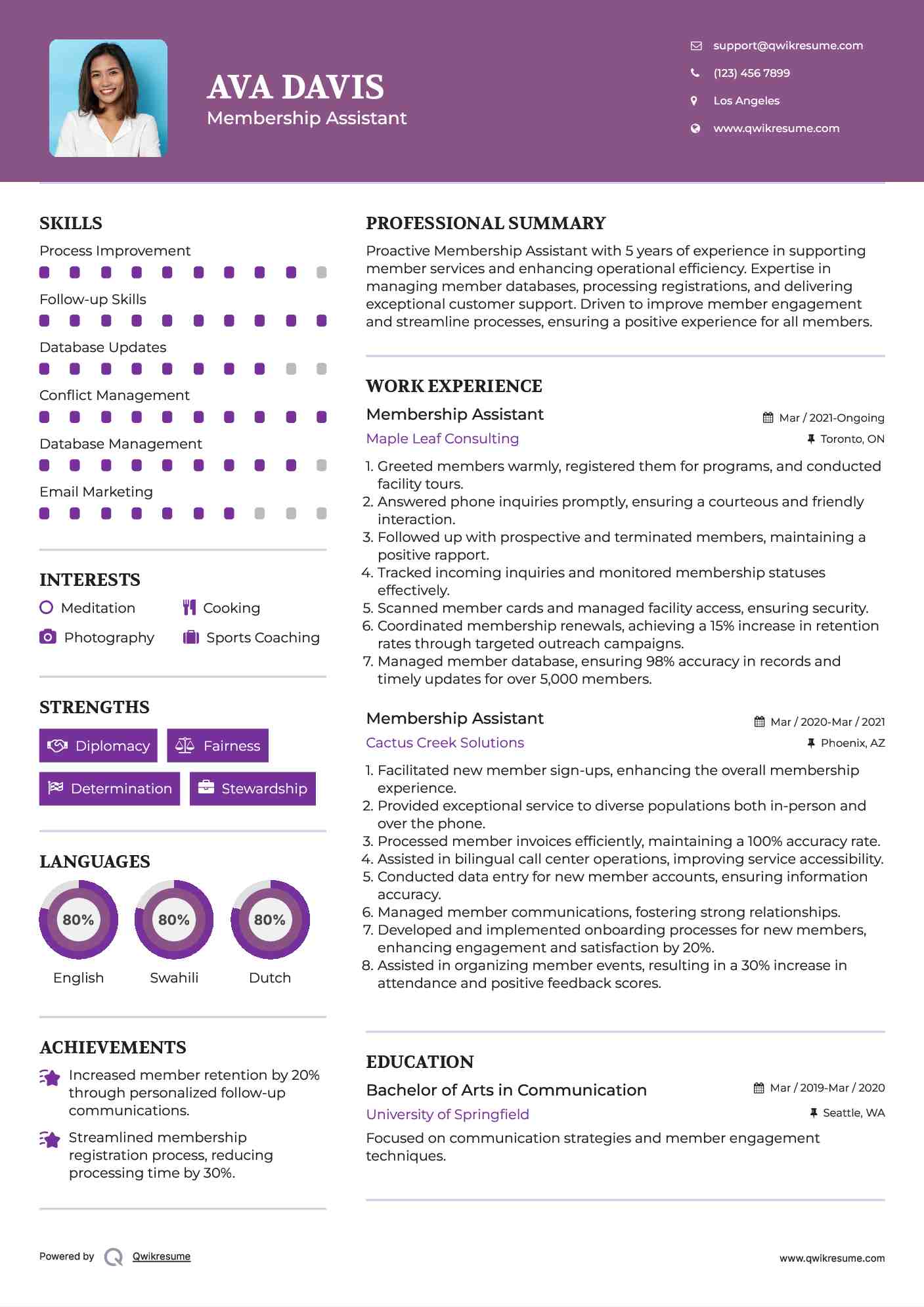 Membership Assistant Resume Sample