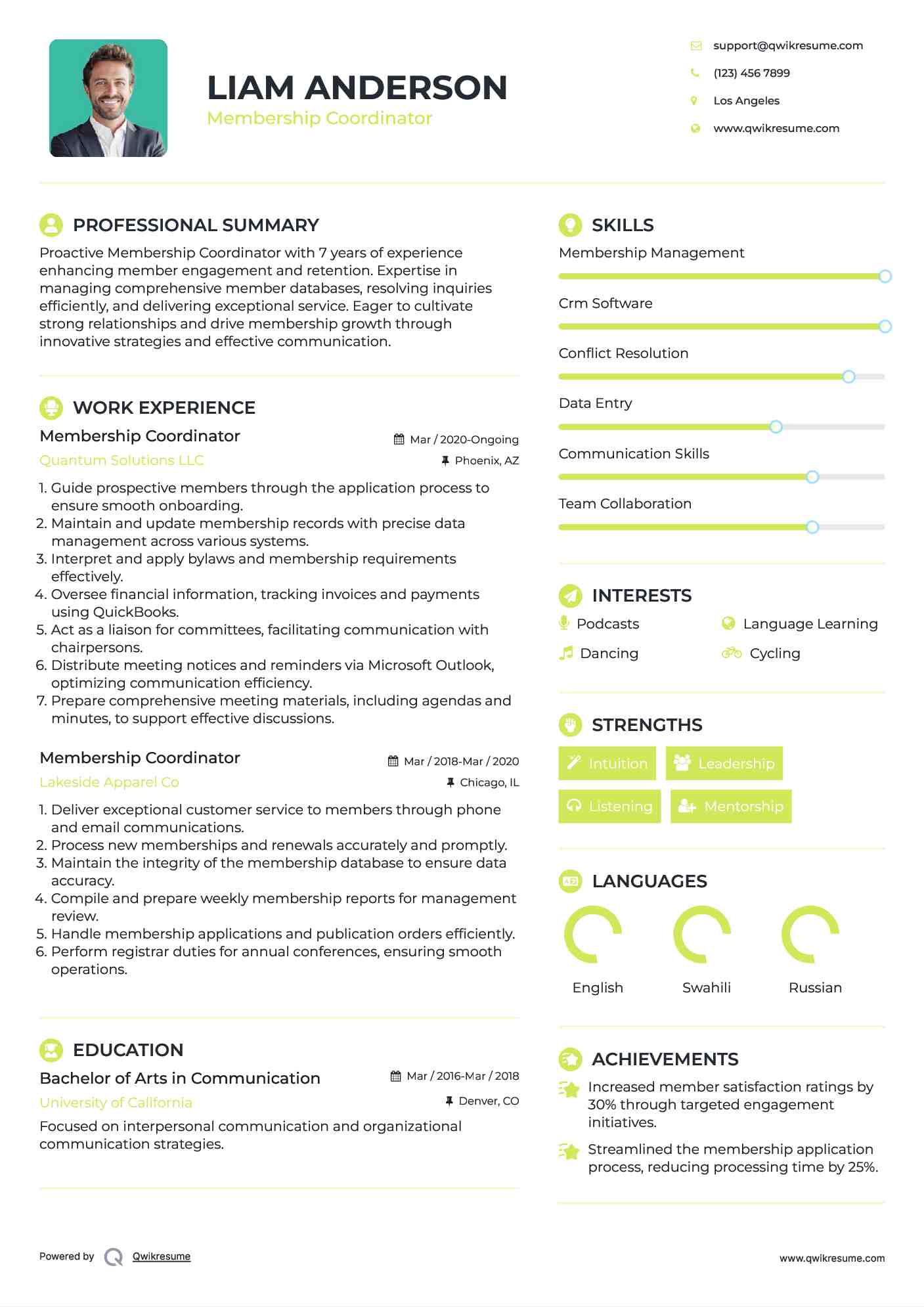 Membership Coordinator Resume Format