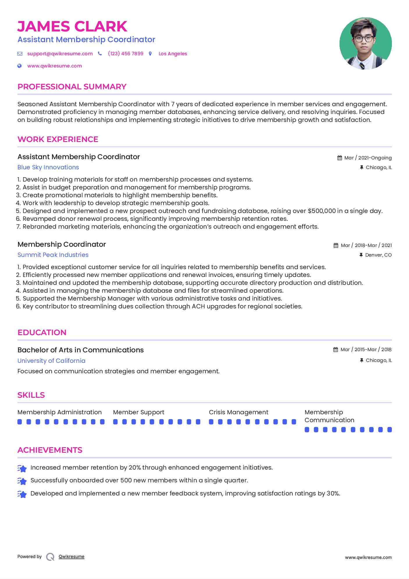 Assistant Membership Coordinator Resume Model