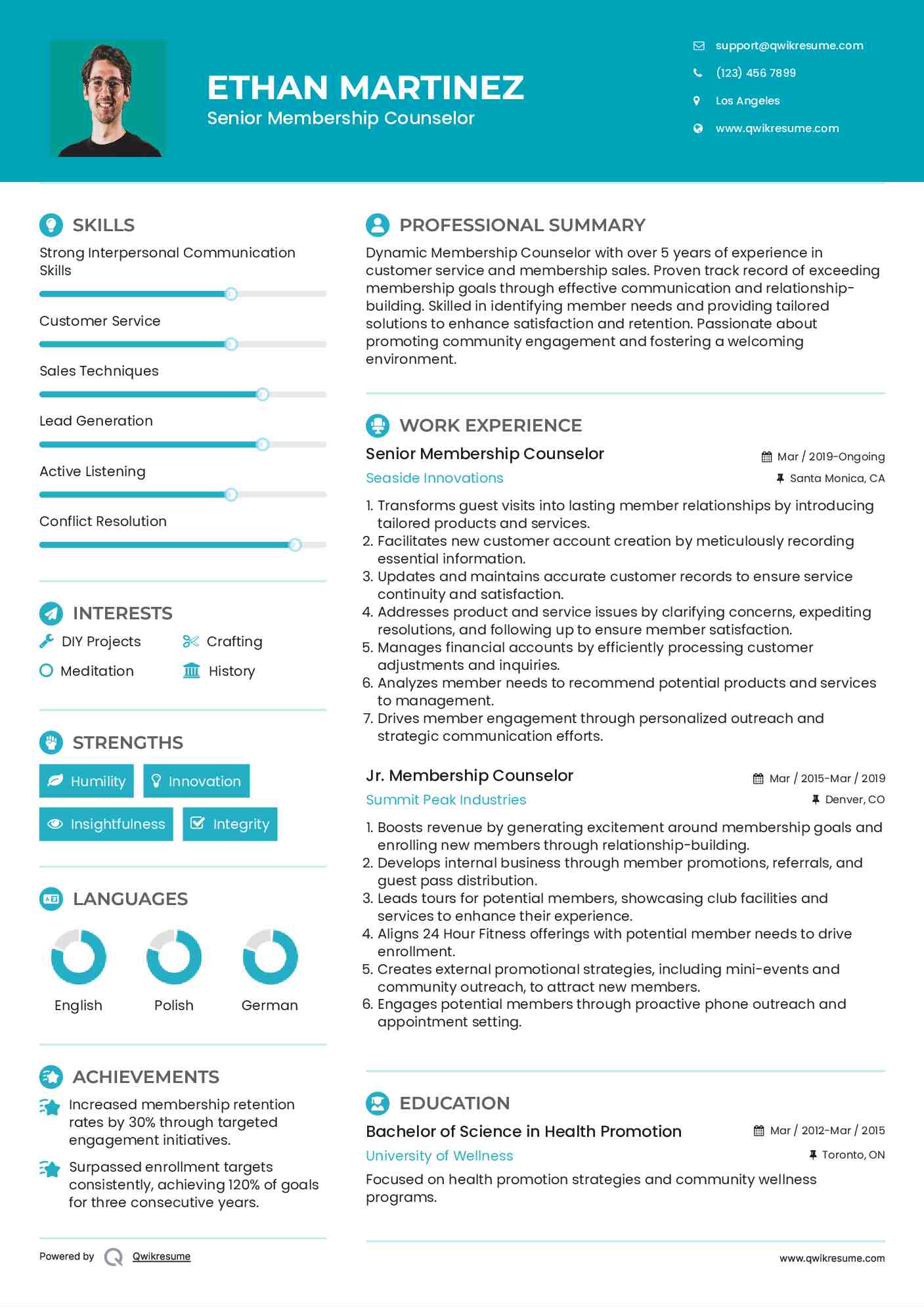 Senior Membership Counselor Resume Model