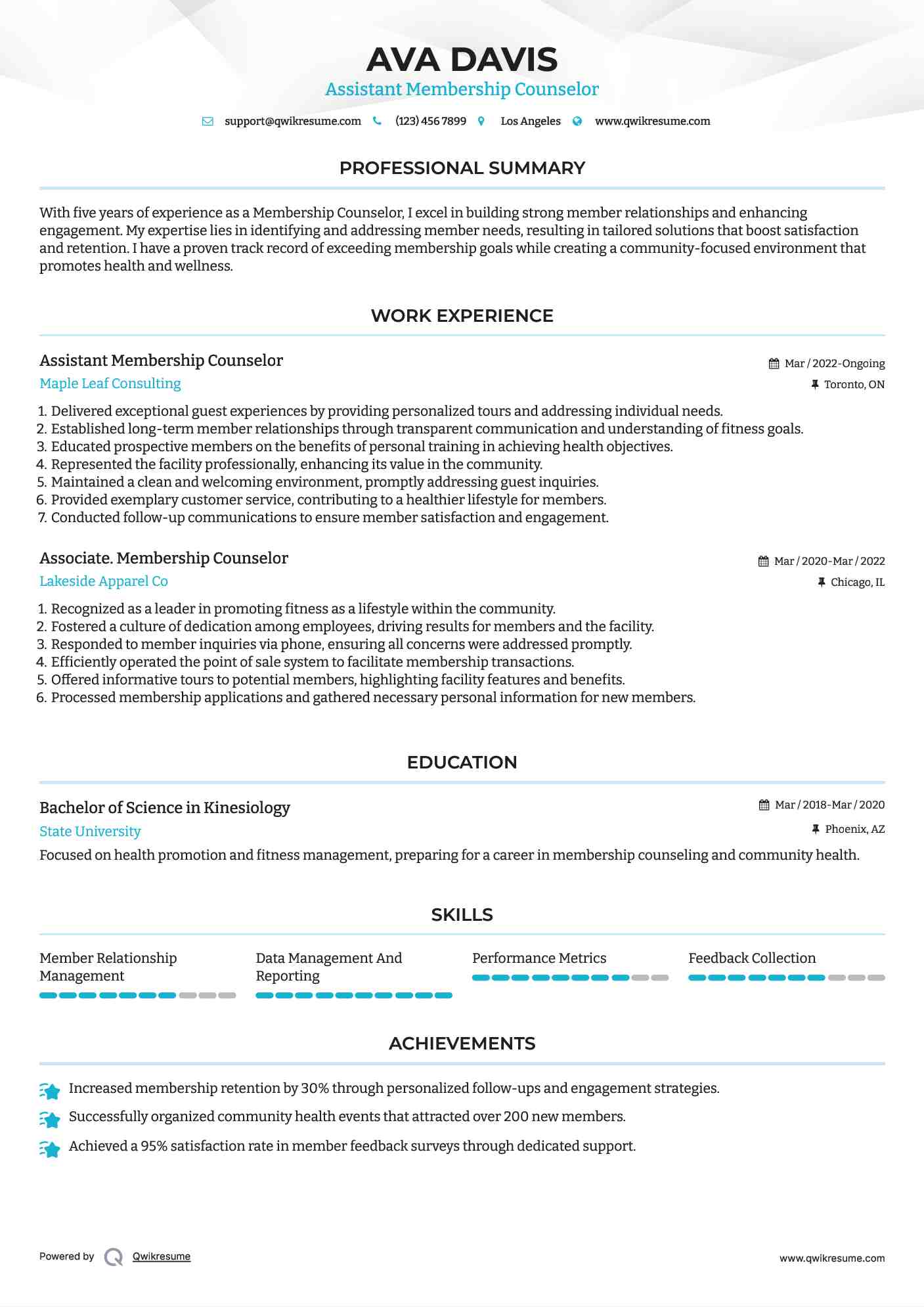 Assistant Membership Counselor Resume Example