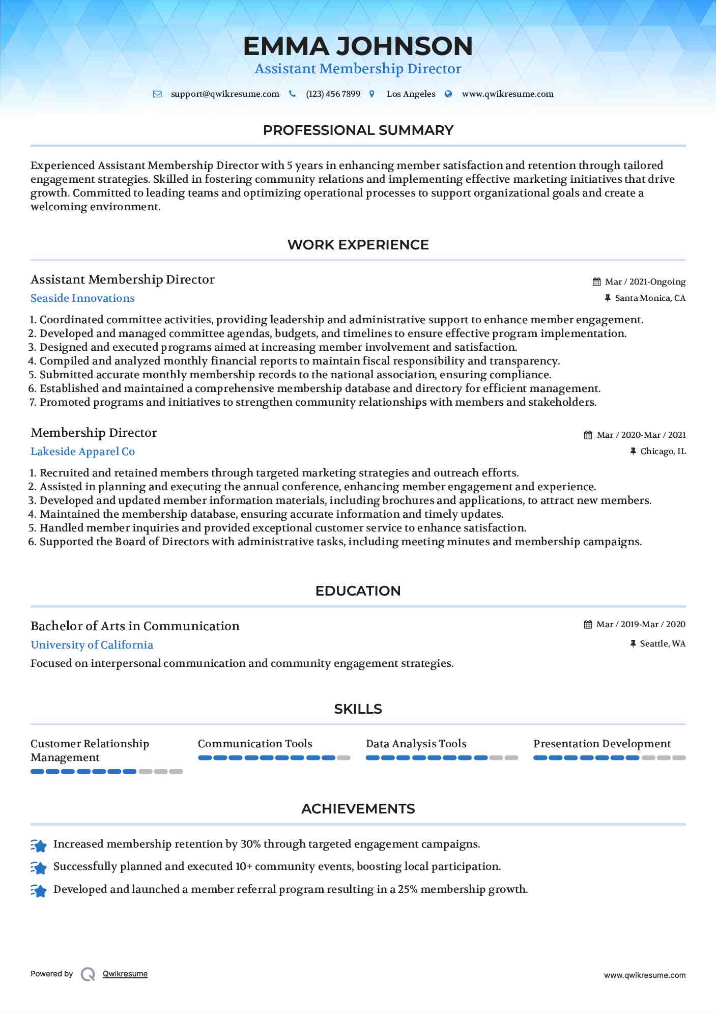 Assistant Membership Director Resume Sample