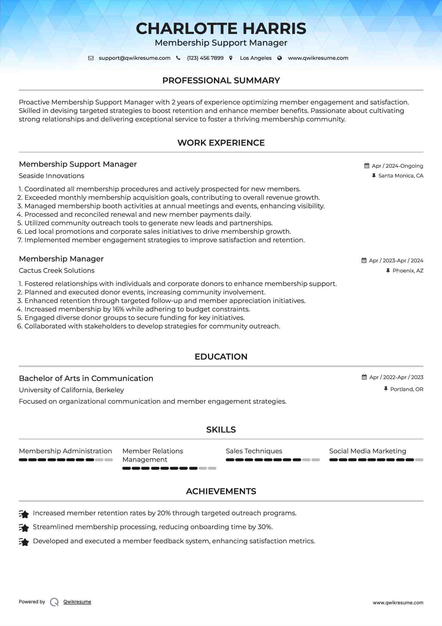 Membership Support Manager Resume Model