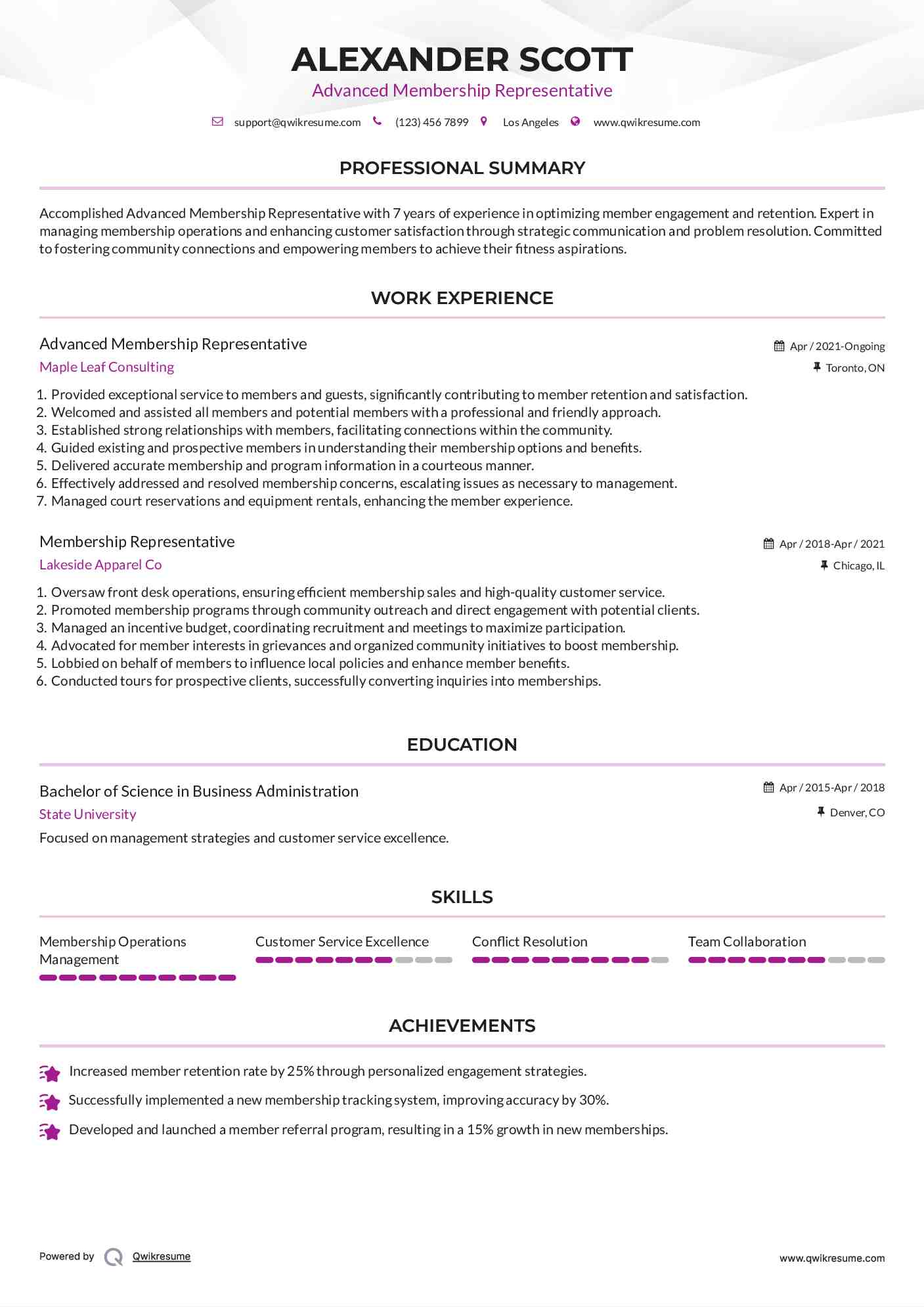 Advanced Membership Representative Resume Example