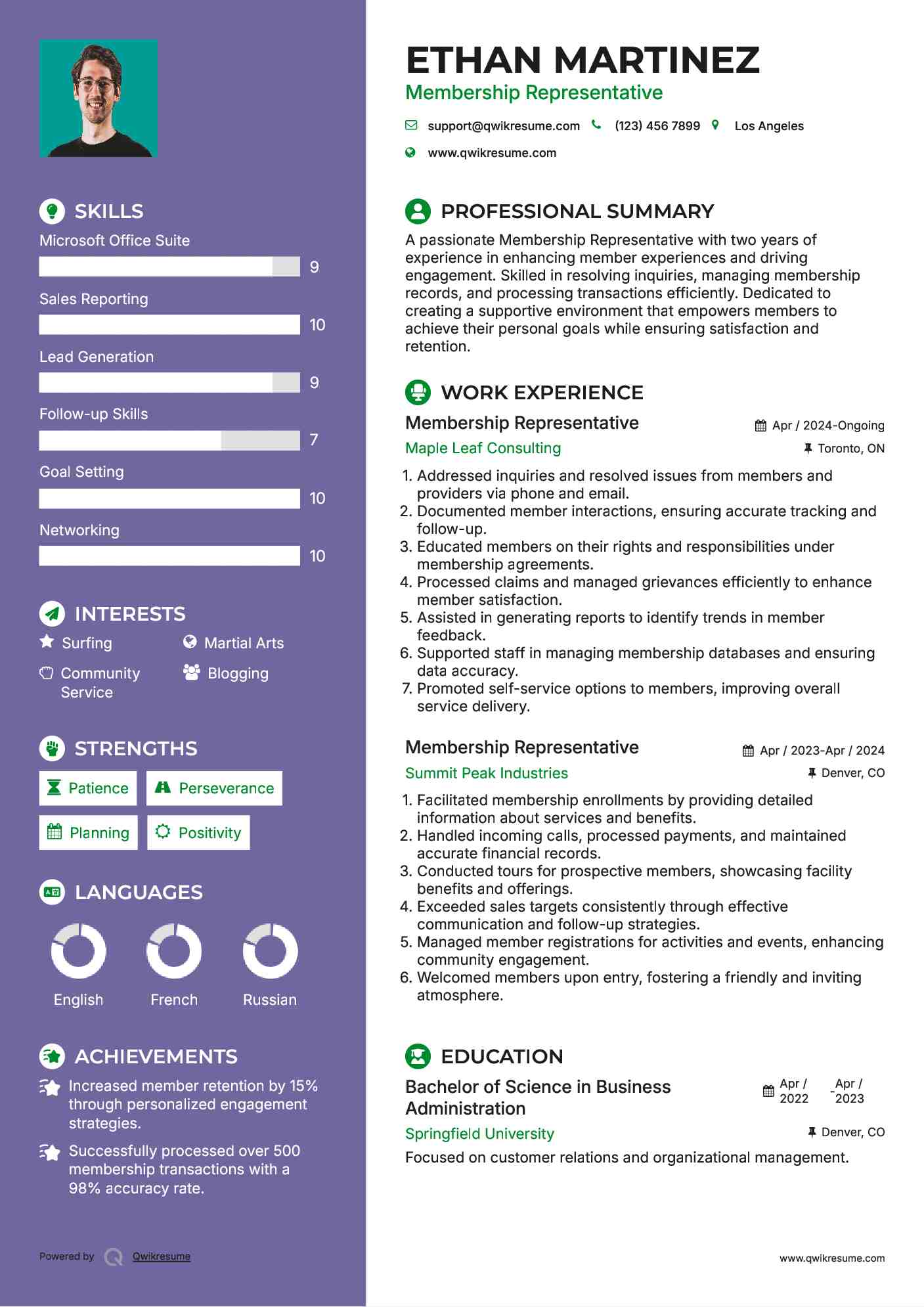 Membership Representative Resume Example