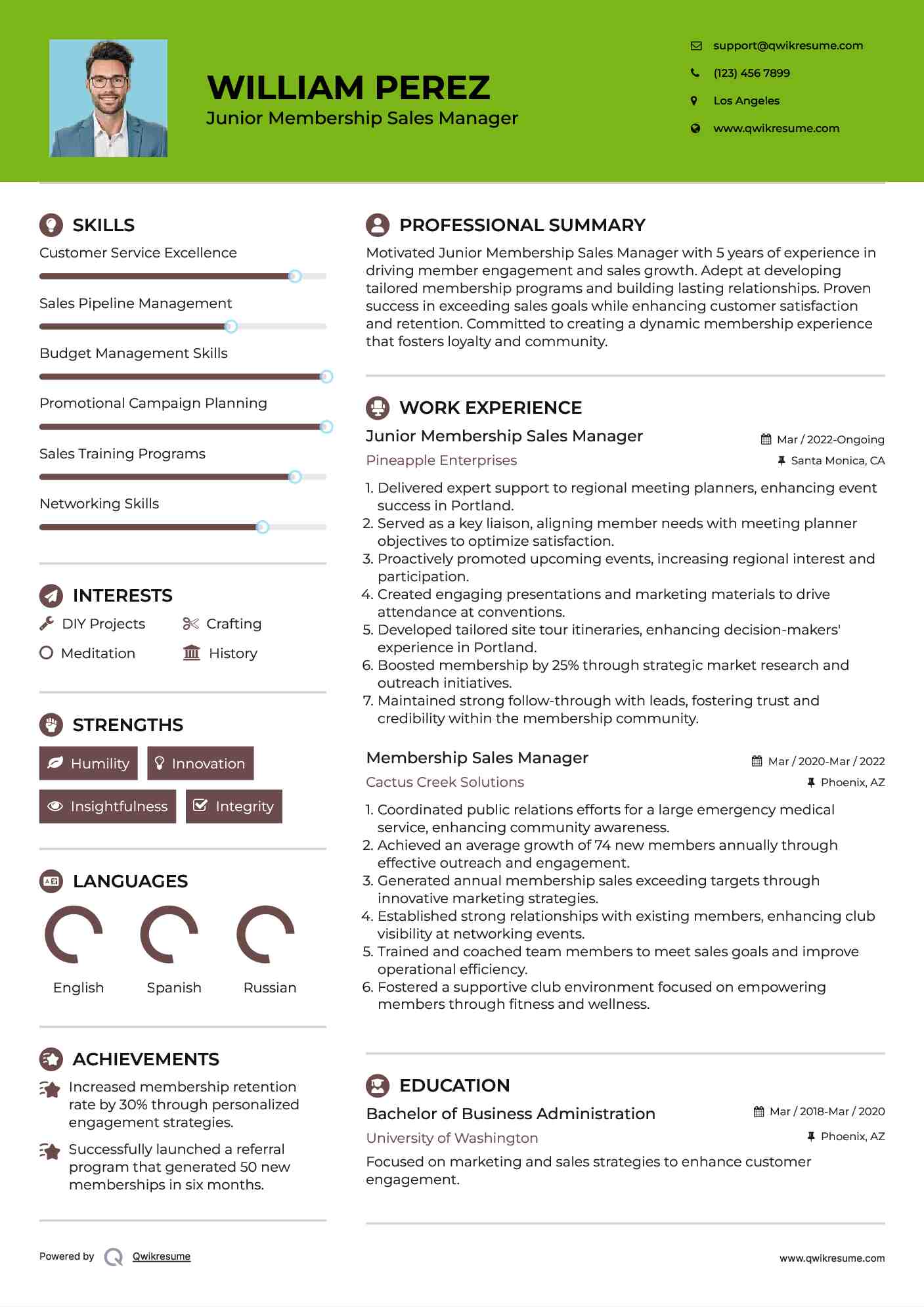 Junior Membership Sales Manager Resume Sample