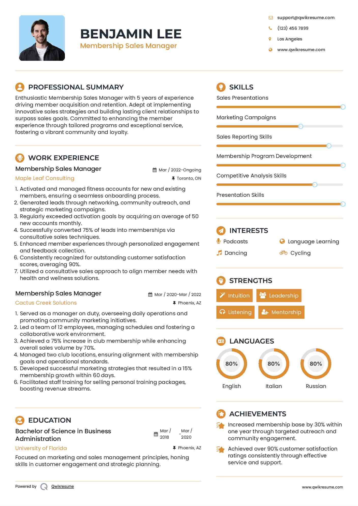 Membership Sales Manager Resume Sample